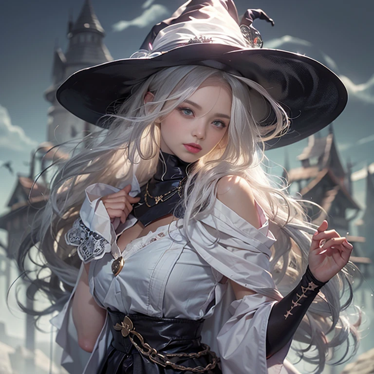 (number々Award-winning masterpiece, Incredible detail, Texture and maximum detail), (hyper Realistic:1.4), (Realistic:1.3), (Full body close-up:0.4), (Highest quality real texture skins), ((The medieval world)), Slanted Eyes, Detailed drawn eyes, Detailed face, (((witch'Old black hat))), (Slim witch in white clothes), (Slim female wizard in white clothes), (Slim witch in black clothes), (Slim female wizard in black clothes), Kind eyes, ((Perfect and beautiful fingers)), ((Perfect and beautiful arms)), (She has a mischievous smile:1.4), Friendly and girlish face, (The devil dances overhead), Glass earrings in the ears, (Dramatic Photos:1.6), Shining and majestic thunderclouds and sky, Halo Optical Phenomenon, Anti-light, Twilight, sunset, evening, (Dramatic Light), (Spectacular sight), (Her expression is calm, So gentle and so beautiful、Somehow scary), (Noble), (blonde, Silver Hair, Chestnut Hair), ((Full body portrait)), ((look up)), ((Looking down)), (Full body standing:1.5), (On her neck、Simple Necklace, It's creepy but well done, Wearing.), Altar of Purgatory, Old What's left behind overgrown with plants, The Great Temple of the Devil, Cathedral, The Great Temple of the Devil, Temple What's left behind, Detached temple, magic circle, Ancient castle What's left behind, What's left behind, 崩れかけたWhat's left behind, Ancient What's left behind with clear water, Wavelets, water flowing,