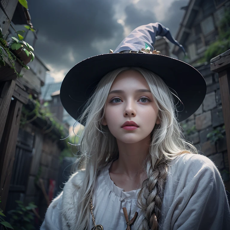 (number々Award-winning masterpiece, Incredible detail, Texture and maximum detail), (hyper Realistic:1.4), (Realistic:1.3), (Full body close-up:0.4), (Highest quality real texture skins), ((The medieval world)), Slanted Eyes, Detailed drawn eyes, Detailed face, (((witch&#39;Old black hat))), (Slim witch in white clothes), (Slim female wizard in white clothes), (Slim witch in black clothes), (Slim female wizard in black clothes), Kind eyes, ((Perfect and beautiful fingers)), ((Perfect and beautiful arms)), (She has a mischievous smile:1.4), Friendly and girlish face, (The devil dances overhead), Glass earrings in the ears, (Dramatic Photos:1.6), Shining and majestic thunderclouds and sky, Halo Optical Phenomenon, Anti-light, Twilight, sunset, evening, (Dramatic Light), (Spectacular sight), (Her expression is calm, So gentle and so beautiful、Somehow scary), (Noble), (blonde, Silver Hair, Chestnut Hair), ((Full body portrait)), ((look up)), ((Looking down)), (Full body standing:1.5), (On her neck、Simple Necklace, It&#39;s creepy but well done, Wearing.), Altar of Purgatory, Old What&#39;s left behind overgrown with plants, The Great Temple of the Devil, Cathedral, The Great Temple of the Devil, Temple What&#39;s left behind, Detached temple, magic circle, Ancient castle What&#39;s left behind, What&#39;s left behind, 崩れかけたWhat&#39;s left behind, Ancient What&#39;s left behind with clear water, Wavelets, water flowing,