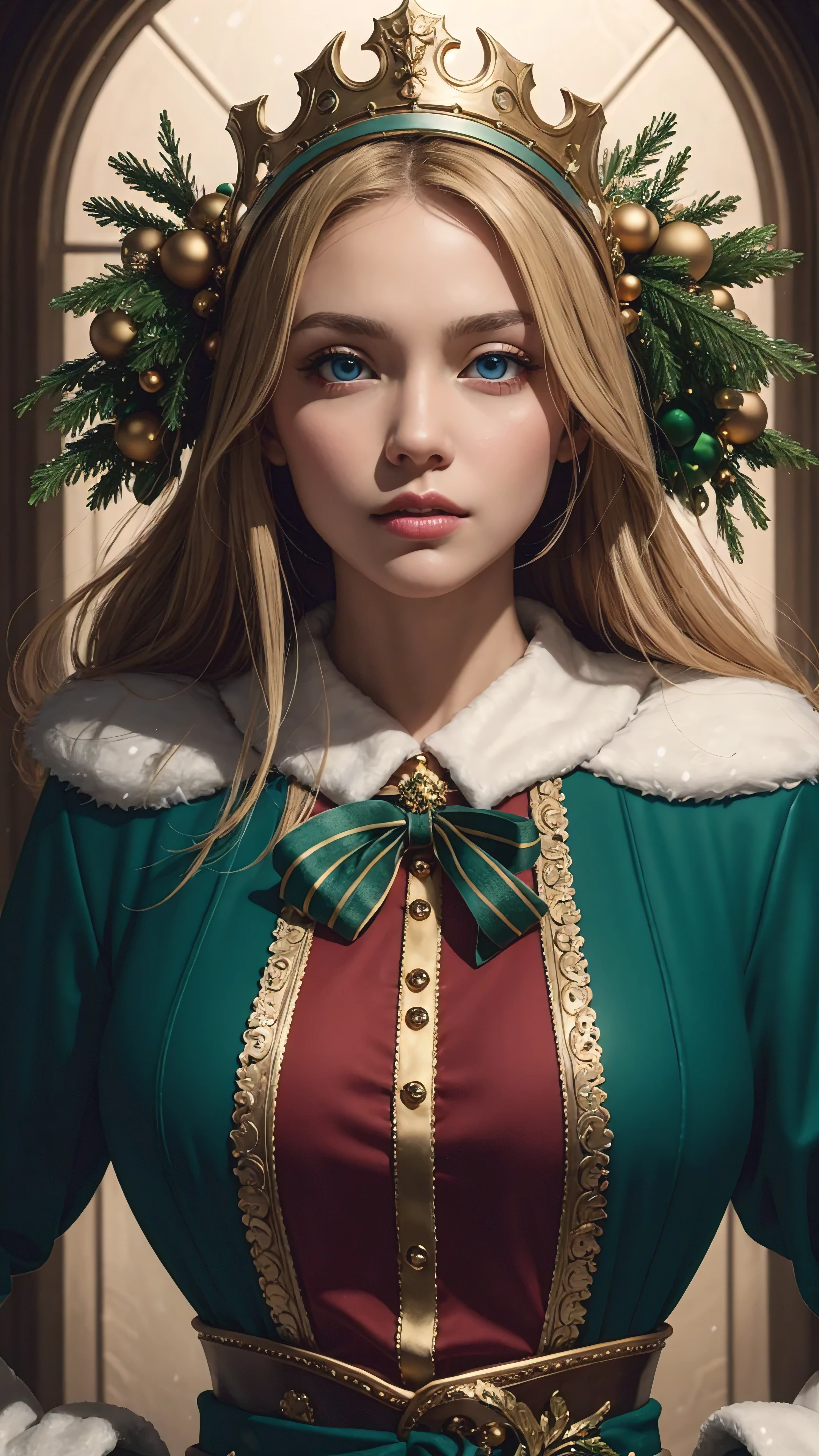 Beautiful portrait of queen, Blonde Hair, Perfect blue eyes, brilliant, impossible striking big Christmas headpiece, Clothes Santa Claus Robe, Everything Christmas, snow, Symmetrical, Drama Studio Lighting, Rococo, Baroque, Green vegetables, Asian, Surrealism, close up, D&D, fantasy, Wheels within wheels, elegant, Very detailed, number, art station, Octane Rendering, 8K, concept art, matte, Clear focus