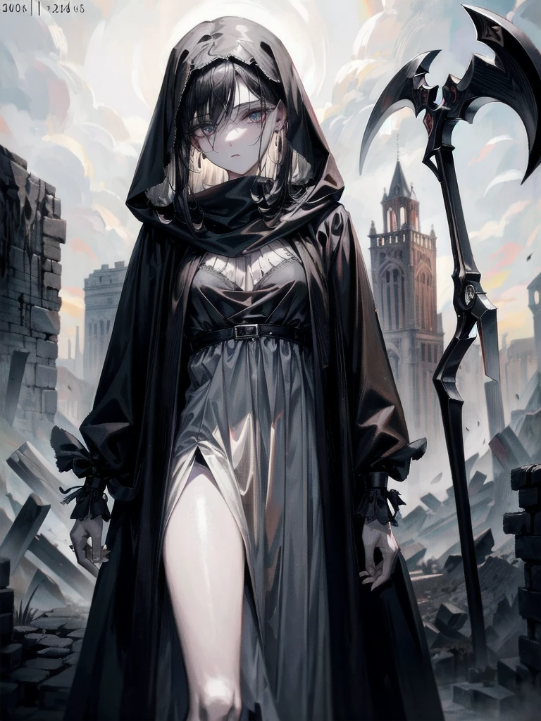 (ruined city), grim reaper, black scythe, robe, absurdres, RAW photo, extremely delicate and beautiful, masterpiece, Best Quality, ultra high resolution, 32k, hyperrealistic, ultra-detailed, detailed description, pale skin, 20 years old, tearful mole, earring, short medium hair, wavy hair, whole body shot,