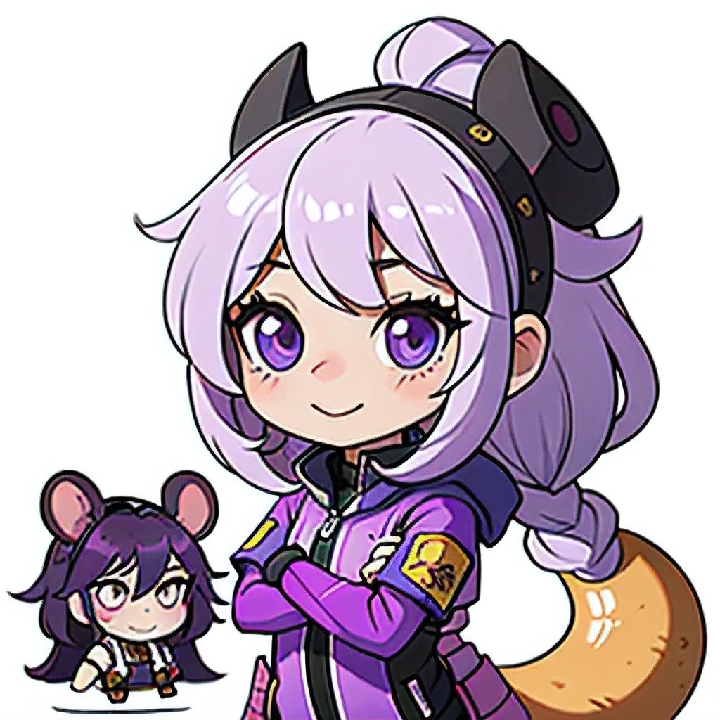（（Titanium helmet））a cartoon image of a girl with a purple hair and a black top, kda, character art of maple story, （（Deer antler hair accessories））advanced digital chibi art, arcane art style,6 d sprite, genshin impact character, official character art, chibi monster girl, chibi, , noire, ayaka genshin impact, maplestory mouse, hero6 d fanart artsation，a cartoon image of a girl with a purple hair and a purple outfit, （Space suit）, chibi, kda, twitch emote, chibi monster girl, （（（grinning evily）））8 d sprite, of a ramlethal valentine,Purple and white combination, melty, cute cyber gods, advanced digital chibi art（（Two girls ））Long purple-white hair，Double tail，big eyes，Sports Posture，Combat Status，Full mana，White gradient purple hair，Purple gradient white hair，Double tail，Double tail braid，