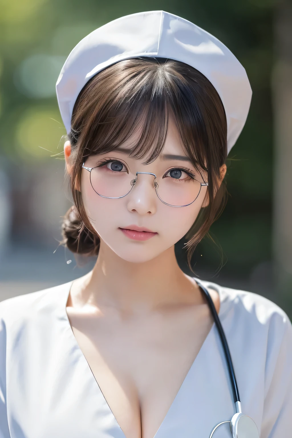(1 Girl)、(Beautiful Japanese、24years old,round face、Refreshing、clear、seems kind、stylish、Pitiful、cute like an angel、cute、black eyes、,actress,Almond-shaped eyes,Translucent white skin、Beautiful skin), Good style , (Beautiful big breasts:1.2),(soft breasts),(very cute),{(Broun hair),(updo),(Bangs is deep side part),(tendrils)},(enchanting eyes),(highlight on eyes:1.2)、(rimless glasses),(8K、Live shooting、highest quality、masterpiece:1.2、optimal lighting)、((masterpiece)),(Photo taken by a professional photographer),(real、photo real:1.4),break,{ (White nurse costume),(((taraditional nurse uniform))),,{(White nurse tight pants)},(cleavage:1.2)},( Furious),(tears:1.3),(cheeks are red:1.2), break, break,Old hospital,Face shot:1.3、looking at viewer, face close-up,Looking up、sitting、Feeling embarrassed、Tears flowing
