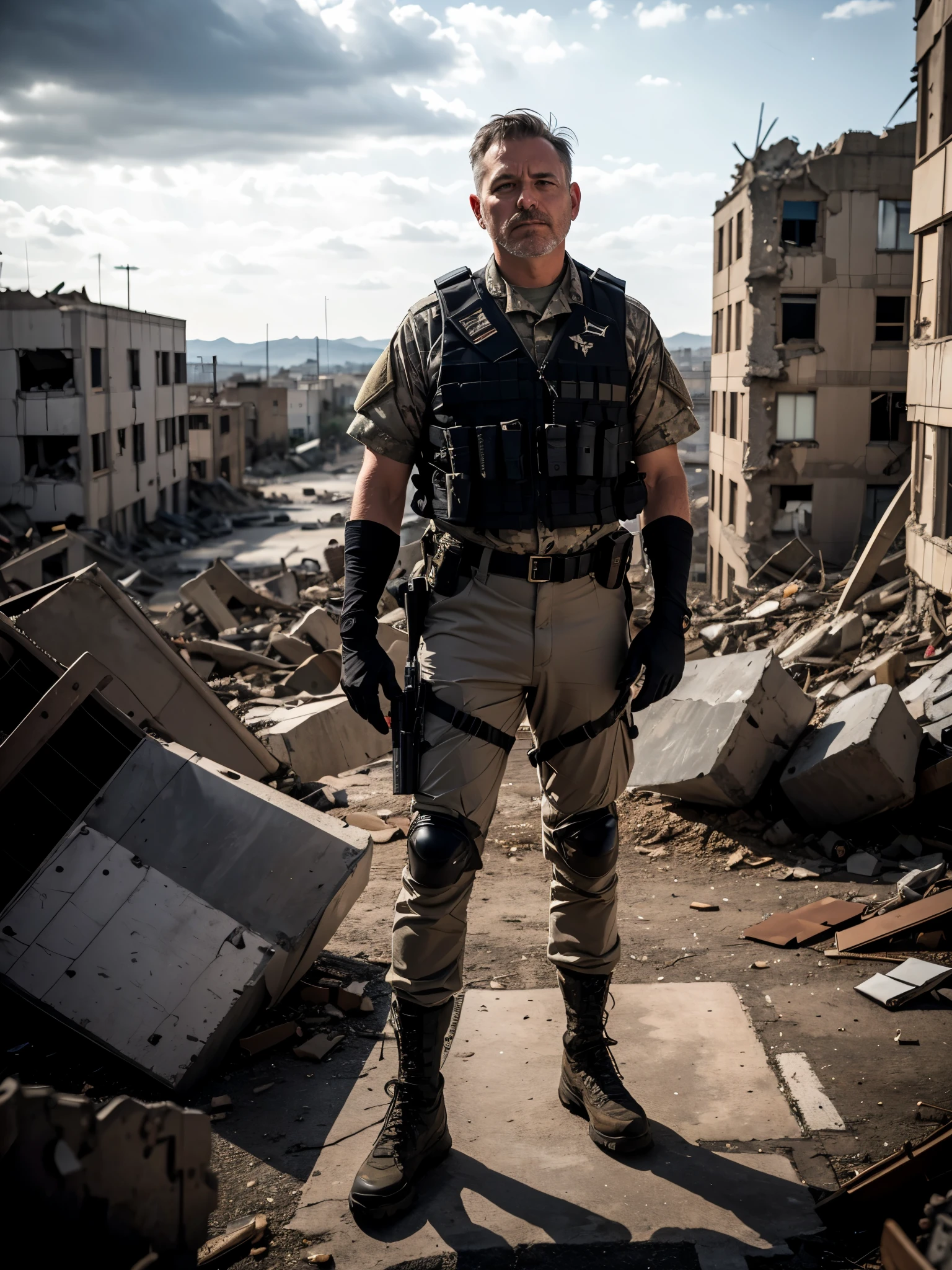 raw photo, military style, stern middle-aged man, short gray hair, gray beard, khaki military uniform, (tactical military vest, tactical pants, tactical gloves), standing on the battlefield, war, medium shot, a destroyed city in the background , dramatic lighting
