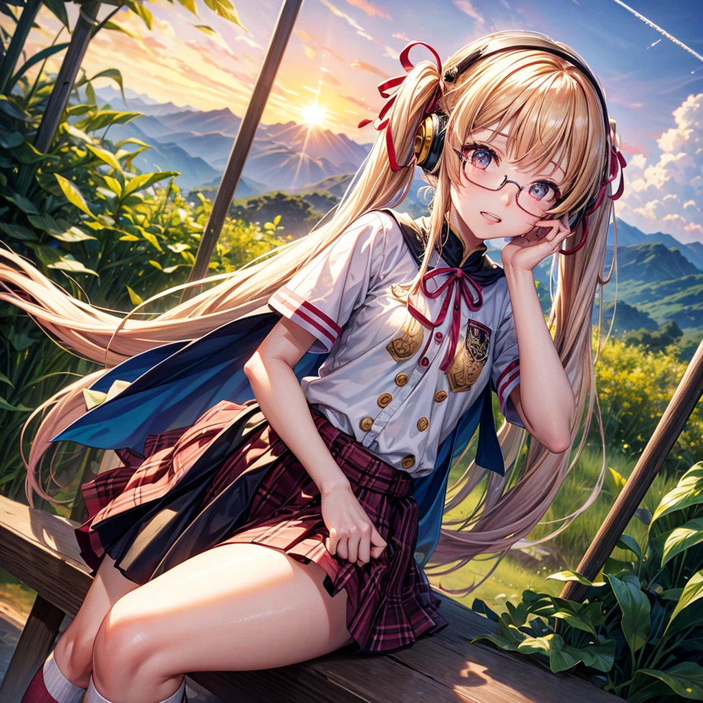 Pink Blue Gold Golden Hair、Golden Eyes、Two good looking girls、Twin tails、solo、anime、Checkered mini skirt、The skirt has buttons、Red T-shirt、China、Cape、Black knee-high socks、Wearing headphones、Wearing a ribbon、Ribbon on waist、Tilting face、Teeth are visible、Sunset sky、Water Mountain、Piercing the clouds、Contrail、Glasses、tree、Sitting、Touching your face、lotus leaves、canal、Cumulonimbus、bamboo forest、Facing each other