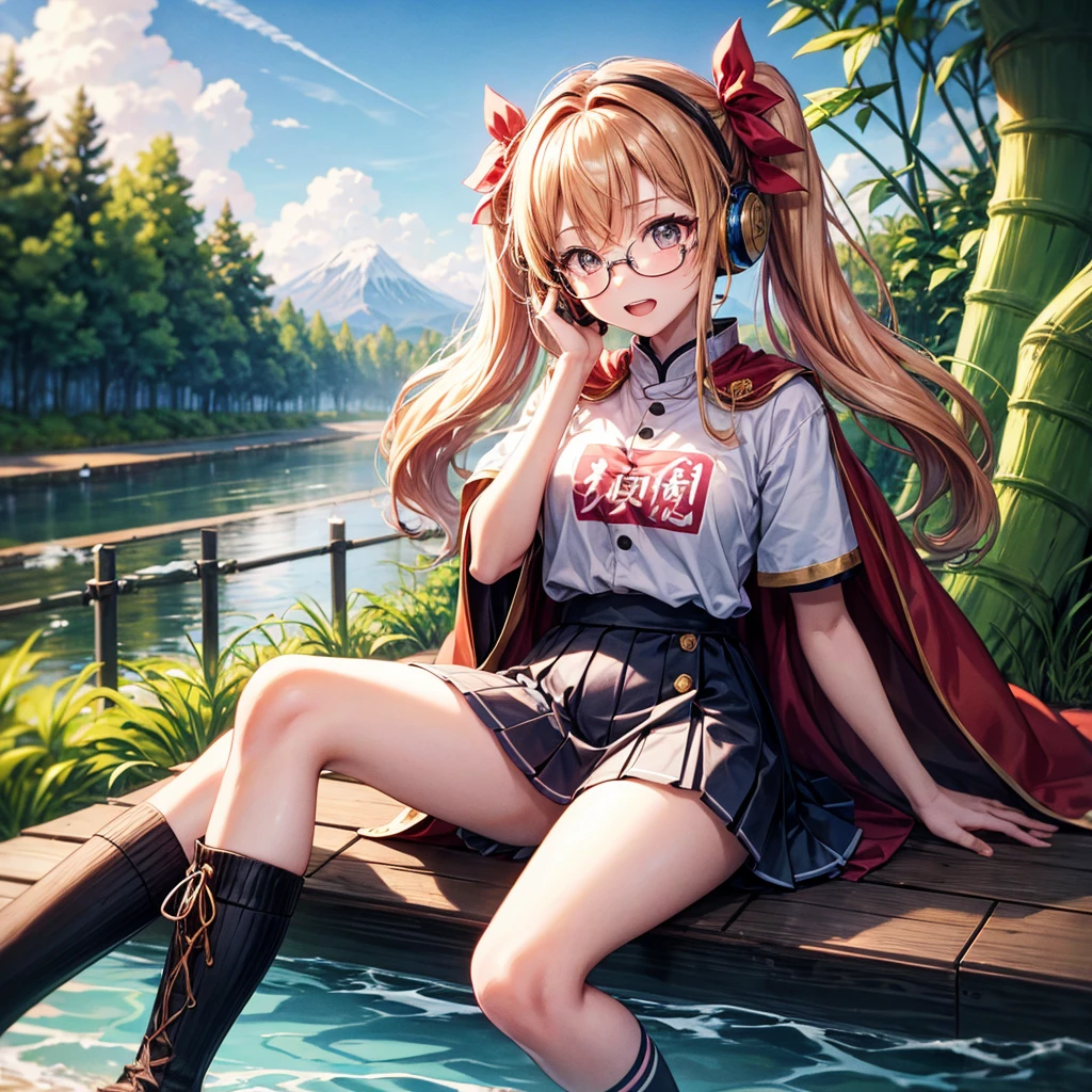 Pink Blue Gold Golden Hair、Golden Eyes、Two good looking girls、Twin tails、solo、anime、Checkered mini skirt、The skirt has buttons、Red T-shirt、China、Cape、Black knee-high socks、Wearing headphones、Wearing a ribbon、Ribbon on waist、Tilting face、Teeth are visible、Sunset sky、Water Mountain、Piercing the clouds、Contrail、Glasses、tree、Sitting、Touching your face、lotus leaves、canal、Cumulonimbus、bamboo forest、Facing each other
