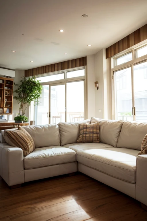 Relaxed character and white cat, relaxing coffee shop with comfortable sofas, cushions, and lighting.A spacious, bright and stylish interior.