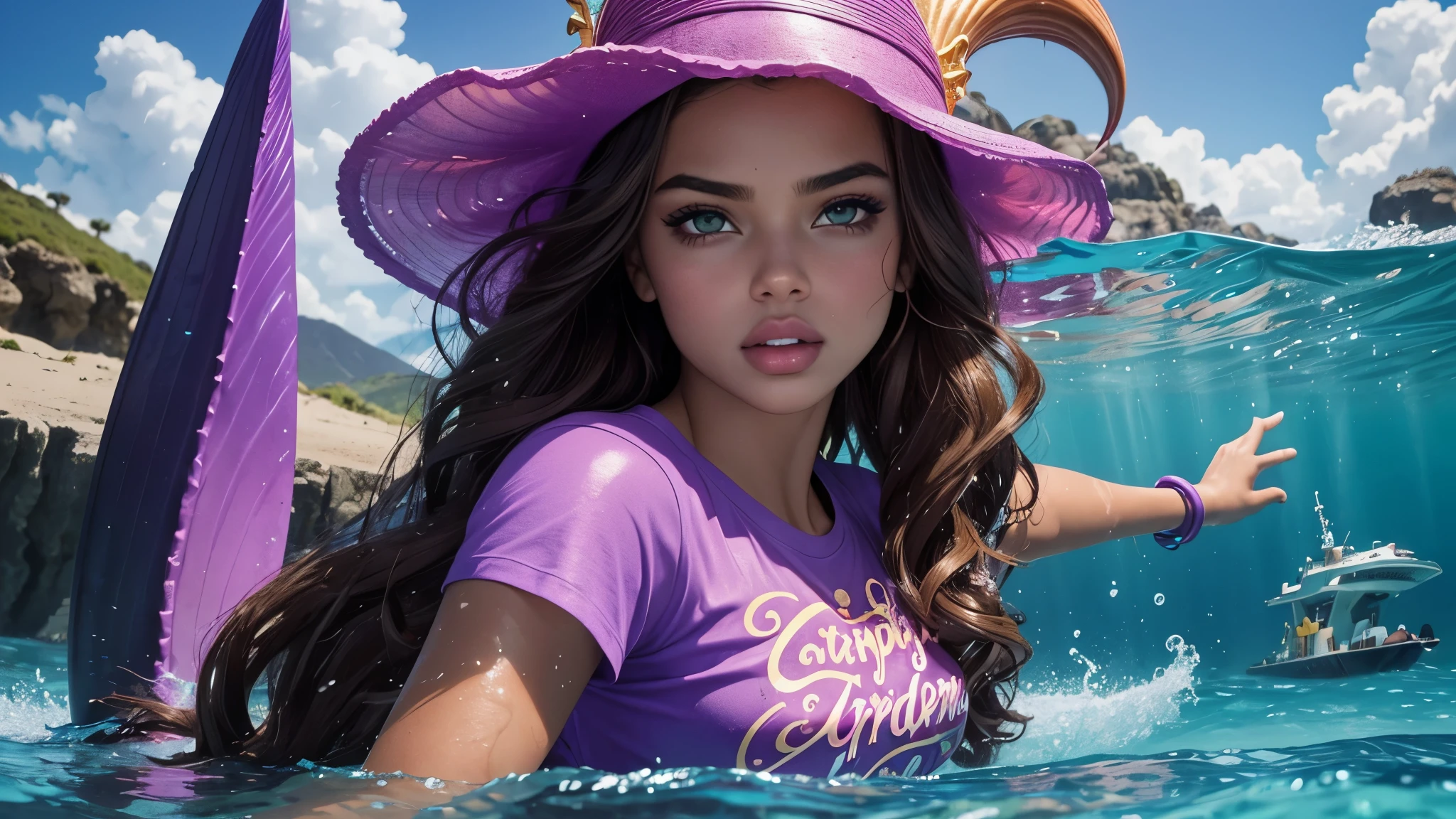 Young Adriana Lima, Sarah Kerrigan Supergirl, big lips, long eyelashes, smoky makeup, dark skin. mermaid girl wearing a pink t-shirt with the number 6 design, and a birthday cone hat. She is curly and brown blonde and has green eyes. He is swimming in the sea, celebrating his birthday. With purple mermaid tail