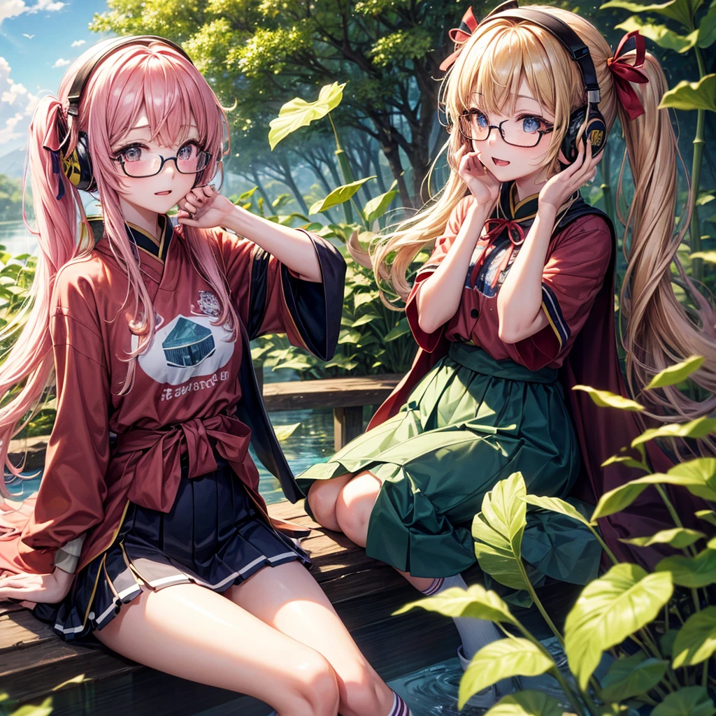 Pink gold golden hair、Golden Eyes、One good looking girl、Twin tails、solo、anime、Checkered mini skirt、The skirt has buttons、Red T-shirt、China、Cape、Black knee-high socks、Wearing headphones、Wearing a ribbon、Ribbon on waist、Tilting face、Teeth are visible、Sunset sky、Water Mountain、Piercing the clouds、Contrail、Red lens glasses、tree、Touching your face、lotus leaves、Cumulonimbus、bamboo forest、Lying down、Glass