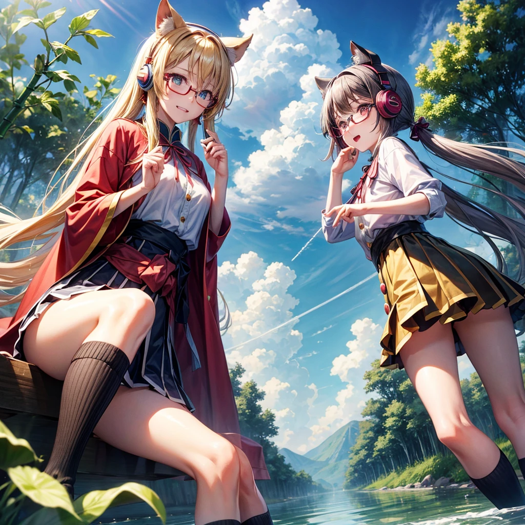 Pink Blue Gold Golden Hair、Golden Eyes、Two good looking girls、Twin tails、solo、anime、Checkered mini skirt、The skirt has buttons、Red T-shirt、China、Cape、Black knee-high socks、Wearing headphones、Wearing a ribbon、Ribbon on waist、Tilting face、Teeth are visible、Sunset sky、Water Mountain、Piercing the clouds、Contrail、Glasses、tree、Sitting、Touching your face、lotus leaves、canal、Cumulonimbus、bamboo forest、Facing each other