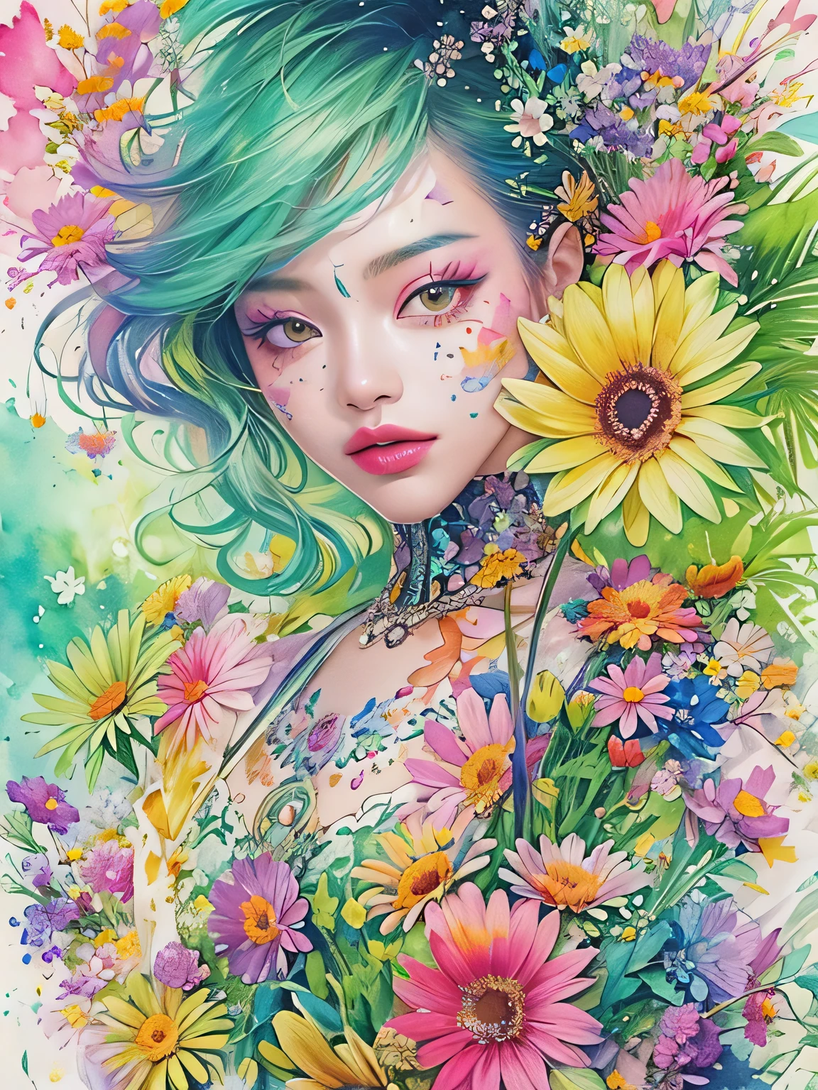 Tao Style、(((stylish fashion))), 8K Quality、Intense watercolor, Detailed watercolor art, Watercolor splash, Surreal, avant-garde pop art, Beautiful and expressive paintings, Beautiful artwork illustration, Very colorful tones, wonderful, Cool beauty, highest quality、Official Art, Vector art, Stylish design, (((The most beautiful girl))), (((highest quality))), HDR, ((detailed)), (((Doodle Art)), ((masterpiece)), ((Super detailed)), (((Colorful flowers))),(((Stylish))),