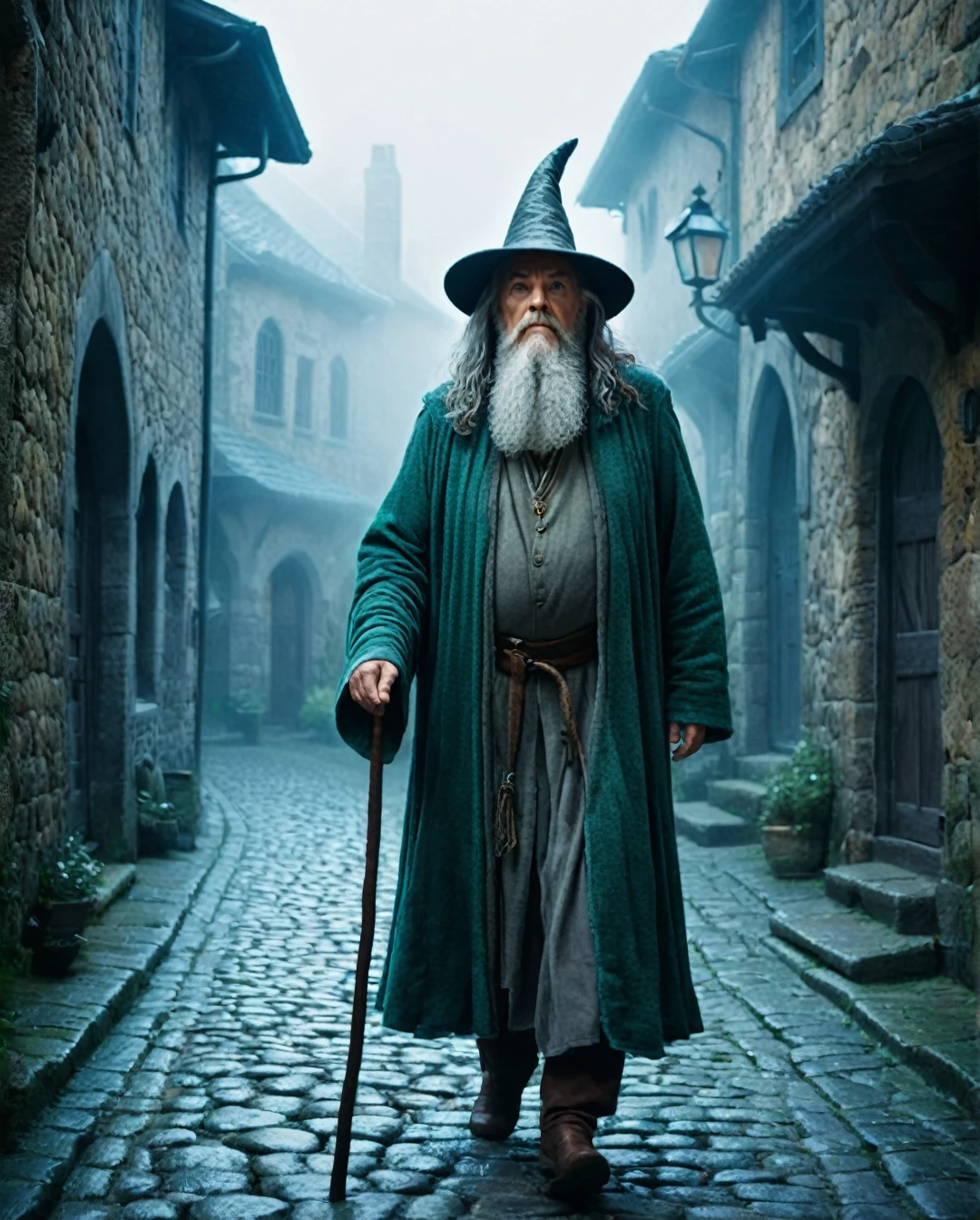 abstract colors, texture, film grain, skin pores:0.1 hasselblad dslr RAW photo, backlit intricate dramatic portrait of an old bearded wizard casting a spell, standing on medieval fantasy city (cobblestone street)1.2, foggy morning, shannara chronicles lotr gandalf hobbit willow concept art anna dittmann magali villeneuve marc simonetti, cinematic movie still frame, (analog style)1.3 (film grain)1.3.,gutto2024abr