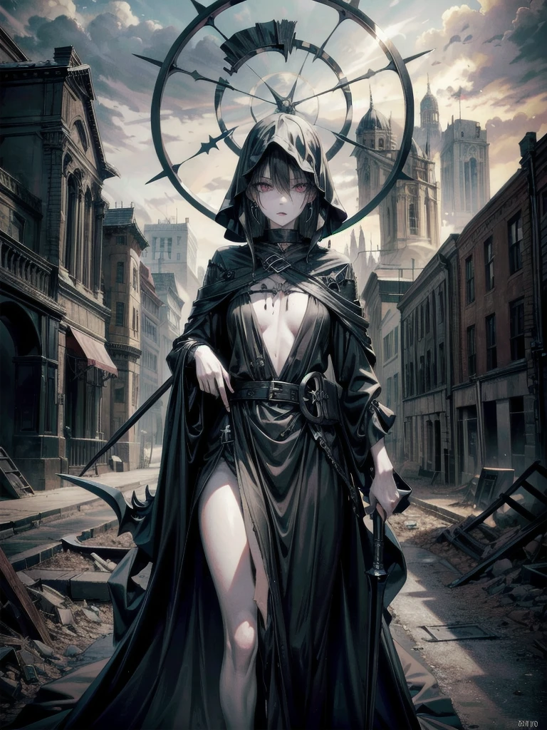 (ruined city), grim reaper, black scythe, robe, absurdres, RAW photo, extremely delicate and beautiful, masterpiece, Best Quality, ultra high resolution, 32k, hyperrealistic, ultra-detailed, detailed description, pale skin, 20 years old, tearful mole, earring, short medium hair, wavy hair, whole body shot,