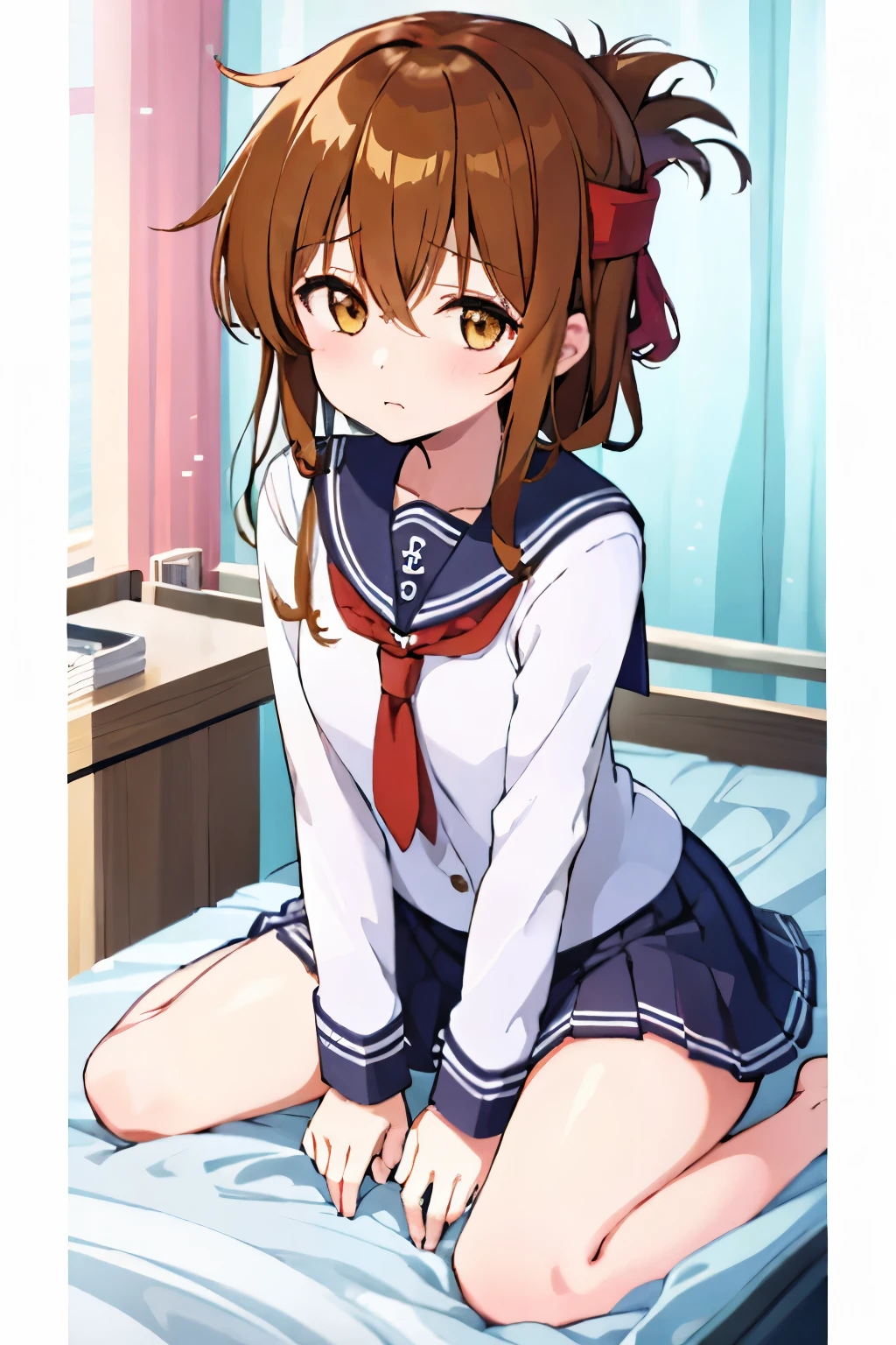An unwell high school girl wearing a miniskirt sailor suit in the health room(masterpiece, best quality:1.2),illustration,8k,hd,1girl,solo,upper body,(portrait:1.2),brown_hair,folded_ponytail,brown_eyes,serafuku,long_hair,school_uniform,skirt,pleated_skirt,