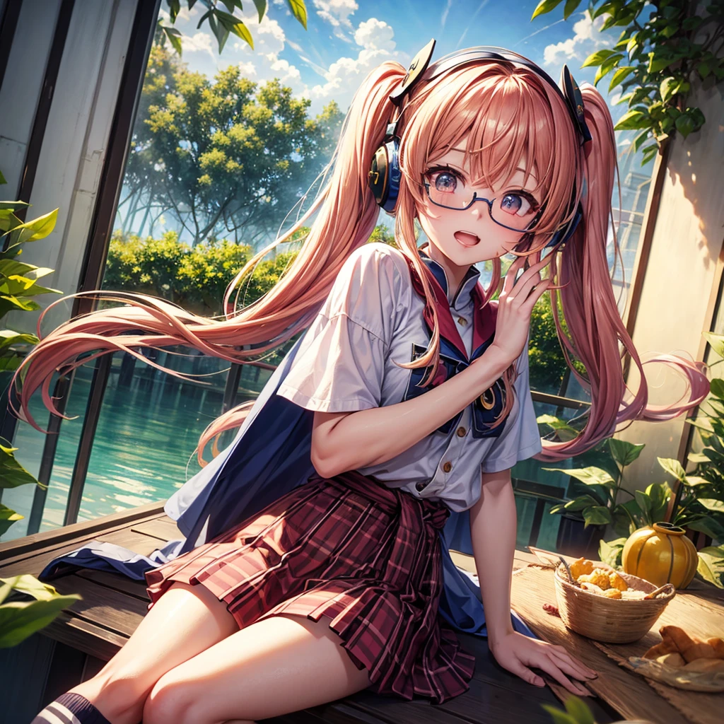 Pink Blue Gold Golden Hair、Golden Eyes、Two good looking girls、Twin tails、solo、anime、Checkered mini skirt、The skirt has buttons、Red T-shirt、China、Cape、Black knee-high socks、Wearing headphones、Wearing a ribbon、Ribbon on waist、Tilting face、Teeth are visible、Sunset sky、Water Mountain、Piercing the clouds、Contrail、Glasses、tree、Sitting、Touching your face、lotus leaves、canal、Cumulonimbus、bamboo forest、Facing each other