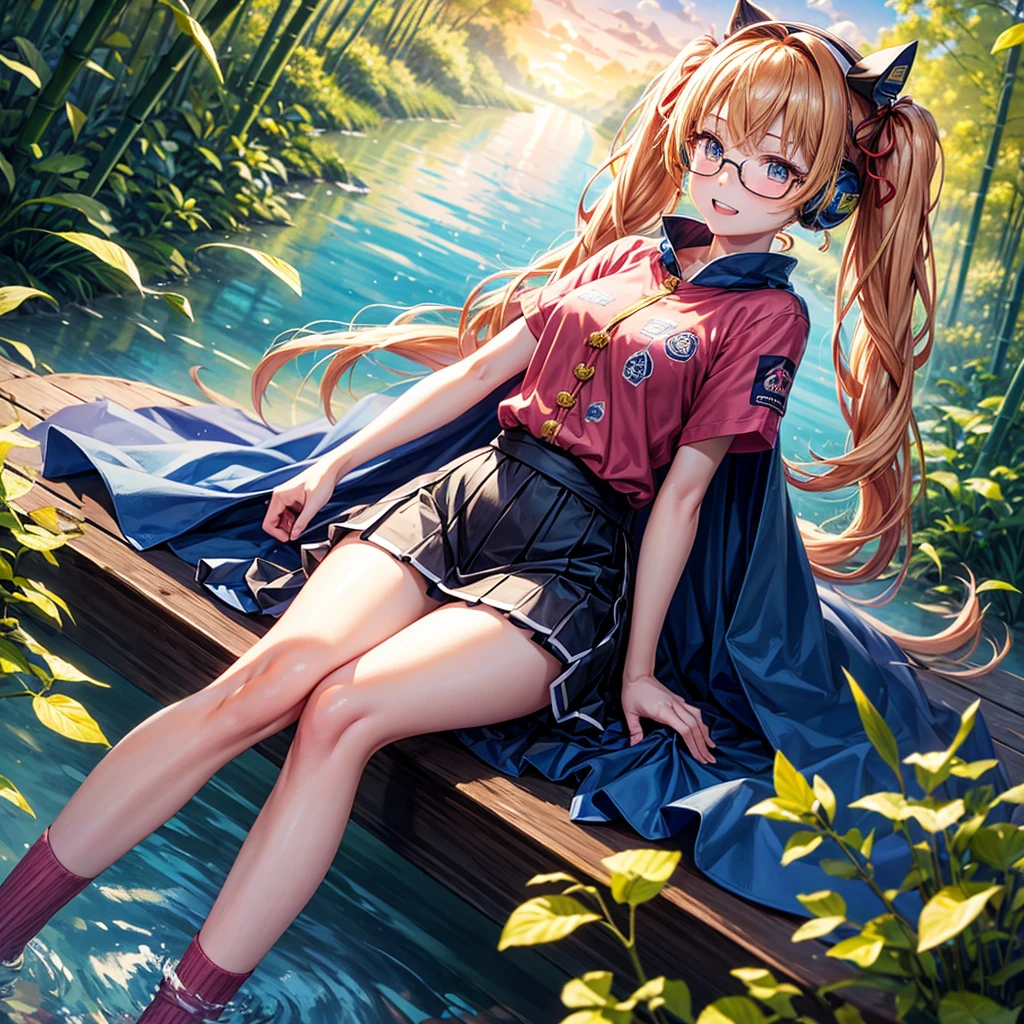 Pink Blue Gold Golden Hair、Golden Eyes、Two good looking girls、Twin tails、solo、anime、Checkered mini skirt、The skirt has buttons、Red T-shirt、China、Cape、Black knee-high socks、Wearing headphones、Wearing a ribbon、Ribbon on waist、Tilting face、Teeth are visible、Sunset sky、Water Mountain、Piercing the clouds、Contrail、Glasses、tree、Sitting、Touching your face、lotus leaves、canal、Cumulonimbus、bamboo forest、Facing each other