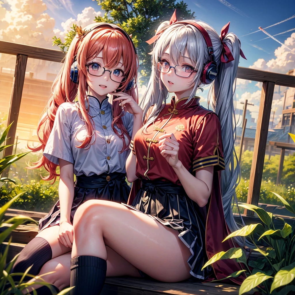 Pink Blue Gold Golden Hair、Golden Eyes、Two good looking girls、Twin tails、solo、anime、Checkered mini skirt、The skirt has buttons、Red T-shirt、China、Cape、Black knee-high socks、Wearing headphones、Wearing a ribbon、Ribbon on waist、Tilting face、Teeth are visible、Sunset sky、Water Mountain、Piercing the clouds、Contrail、Glasses、tree、Sitting、Touching your face、lotus leaves、canal、Cumulonimbus、bamboo forest、Facing each other