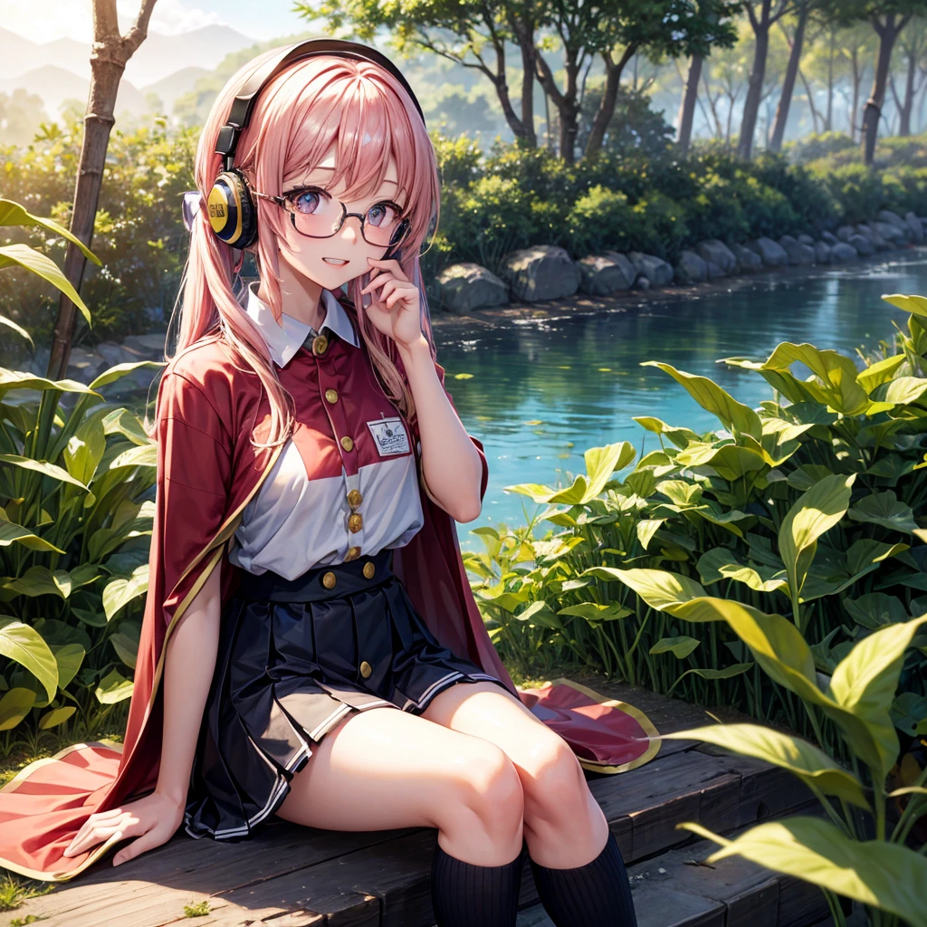 Pink Blue Gold Golden Hair、Golden Eyes、Two good looking girls、Twin tails、solo、anime、Checkered mini skirt、The skirt has buttons、Red T-shirt、China、Cape、Black knee-high socks、Wearing headphones、Wearing a ribbon、Ribbon on waist、Tilting face、Teeth are visible、Sunset sky、Water Mountain、Piercing the clouds、Contrail、Glasses、tree、Sitting、Touching your face、lotus leaves、canal、Cumulonimbus、bamboo forest、Facing each other
