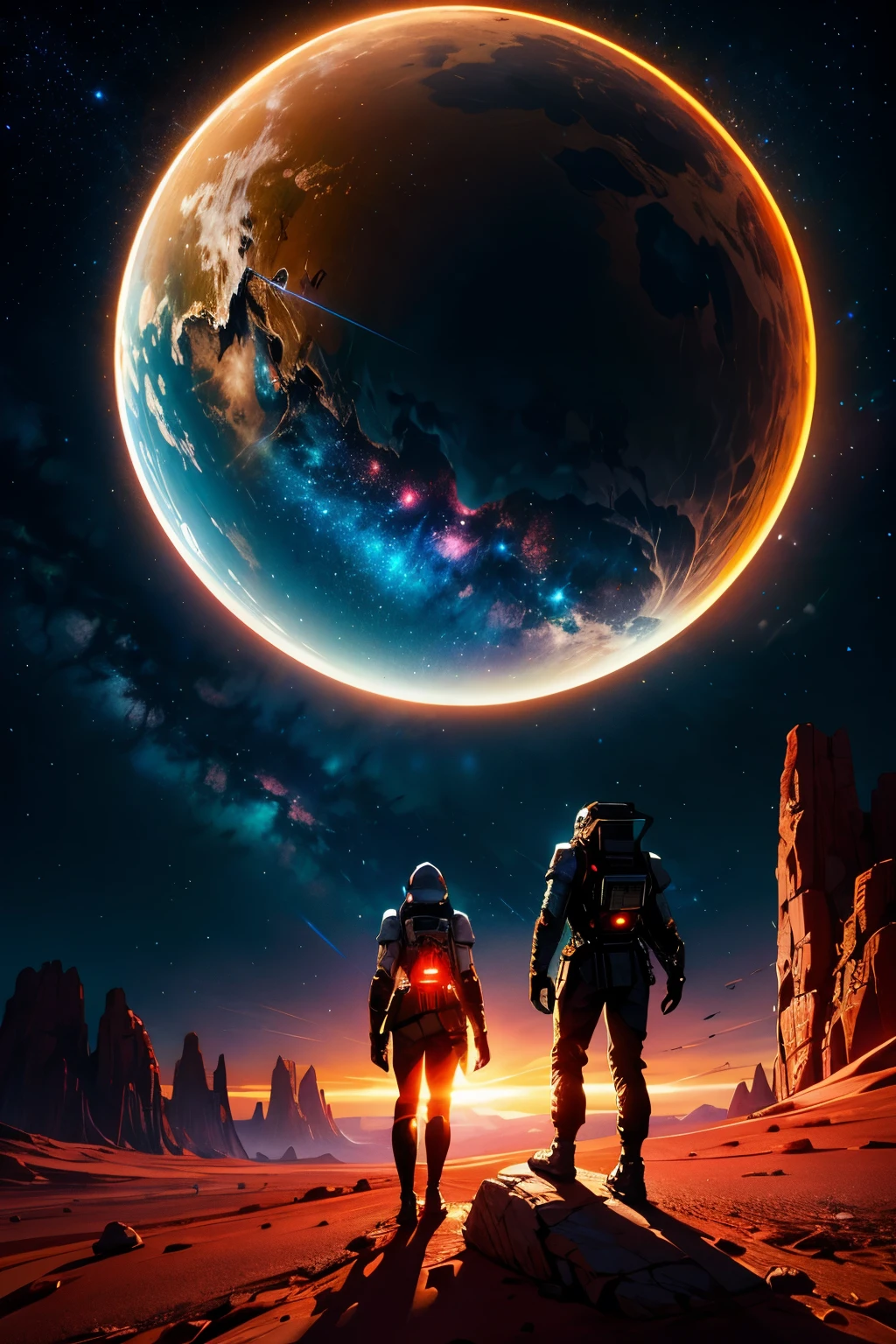 Title: Desert Encounter on the Red Planet (Sci-fi Scene)
(Masterpiece, Futuristic Setting, Desert Planet, Starlight Lit, Artistic Style)
A captivating art piece presents a unique science fiction scene, showcasing two characters: a man and a woman, standing against a backdrop of rocky terrain and a star-studded sky. Their silhouettes, illuminated by the soft glow of distant stars, are seen with their backs to the viewer, their hands clasped and gazing towards a sleek, futuristic spacecraft resting on a protruding rock.
The streamlined spacecraft, featuring rounded forms,