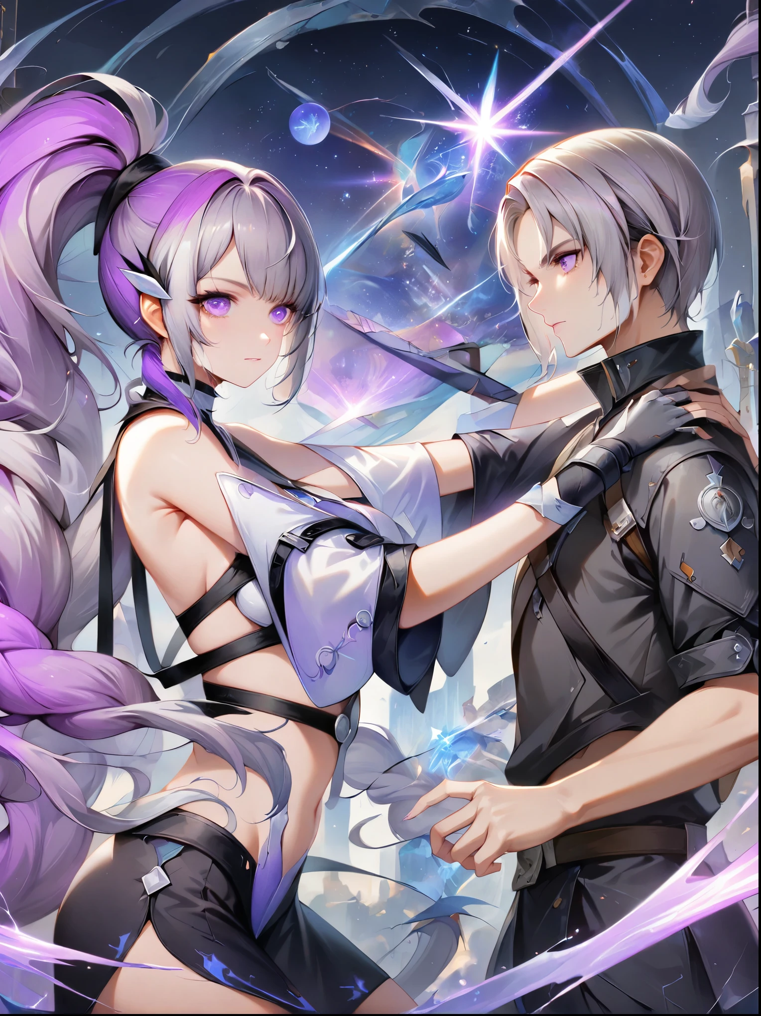 1girl，1boy，(Swords intersect)，Face-to-face combat，Purple Hair，Purple Eyes，Very long hair，Gray hair，Ponytail，panoramic，whole body，The figure is in the center，Starry Sky，Network fantasy war background, (UHD, masterpiece, ccurate, anatomically correct, best quality, 8k), 1yj1