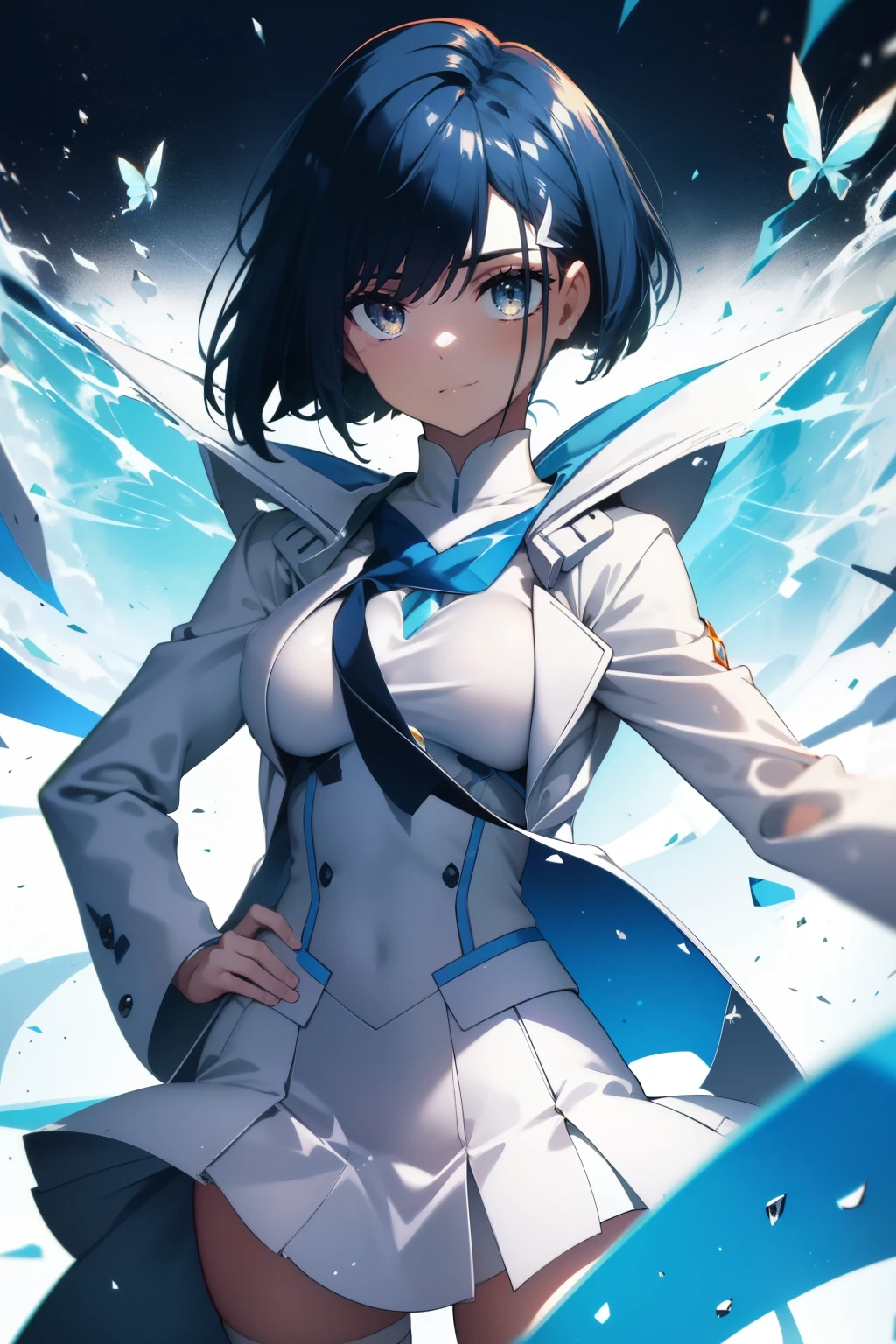 Best quality, beautiful face, detailed, perfect body,
Girl, Green eyes, cute smile, short dark blue hair, cute Smile, white hair clip, small cute body, normal-sized cute breasts, white light jacket, blue butterfly tie, blue winter jacket, gray school skirt, city background , Ichigo from Darling in the Franxx