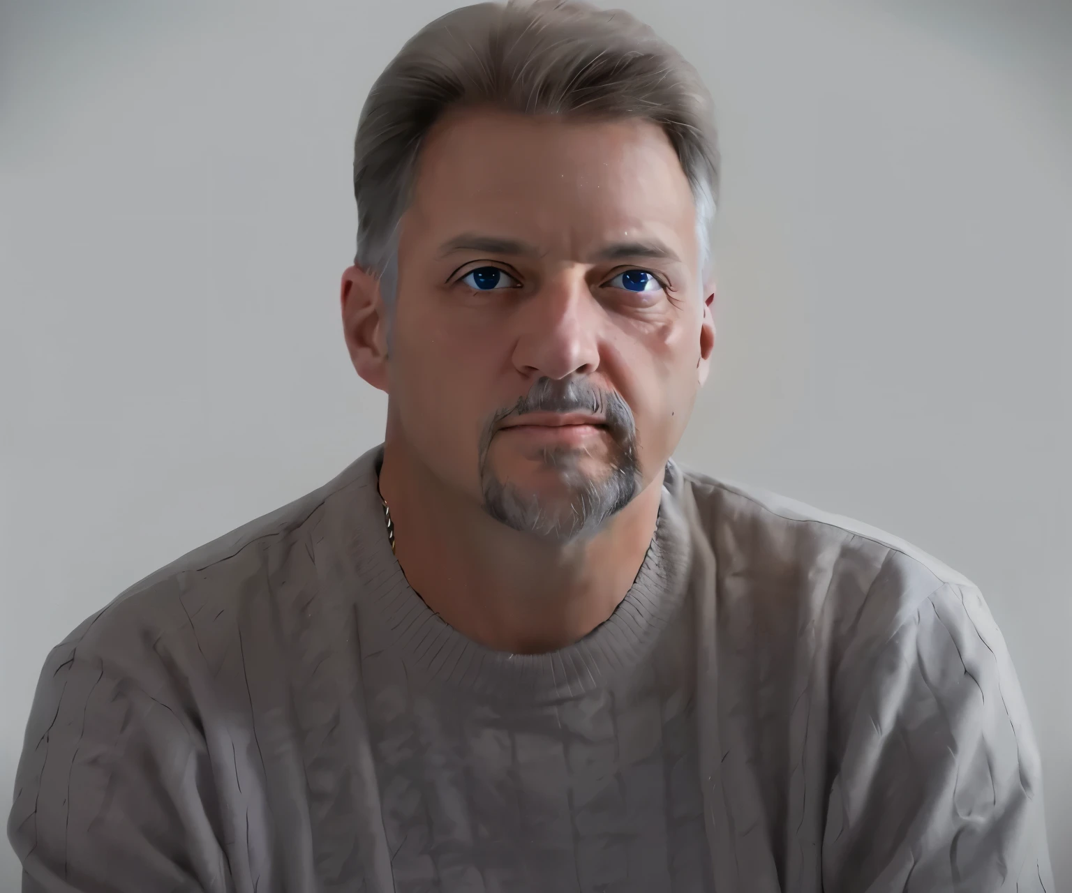 there is a man with a beard and a solid grey sweater on, realistic portrait photo, realistic studio portrait, blue eyes, greyish brown hair