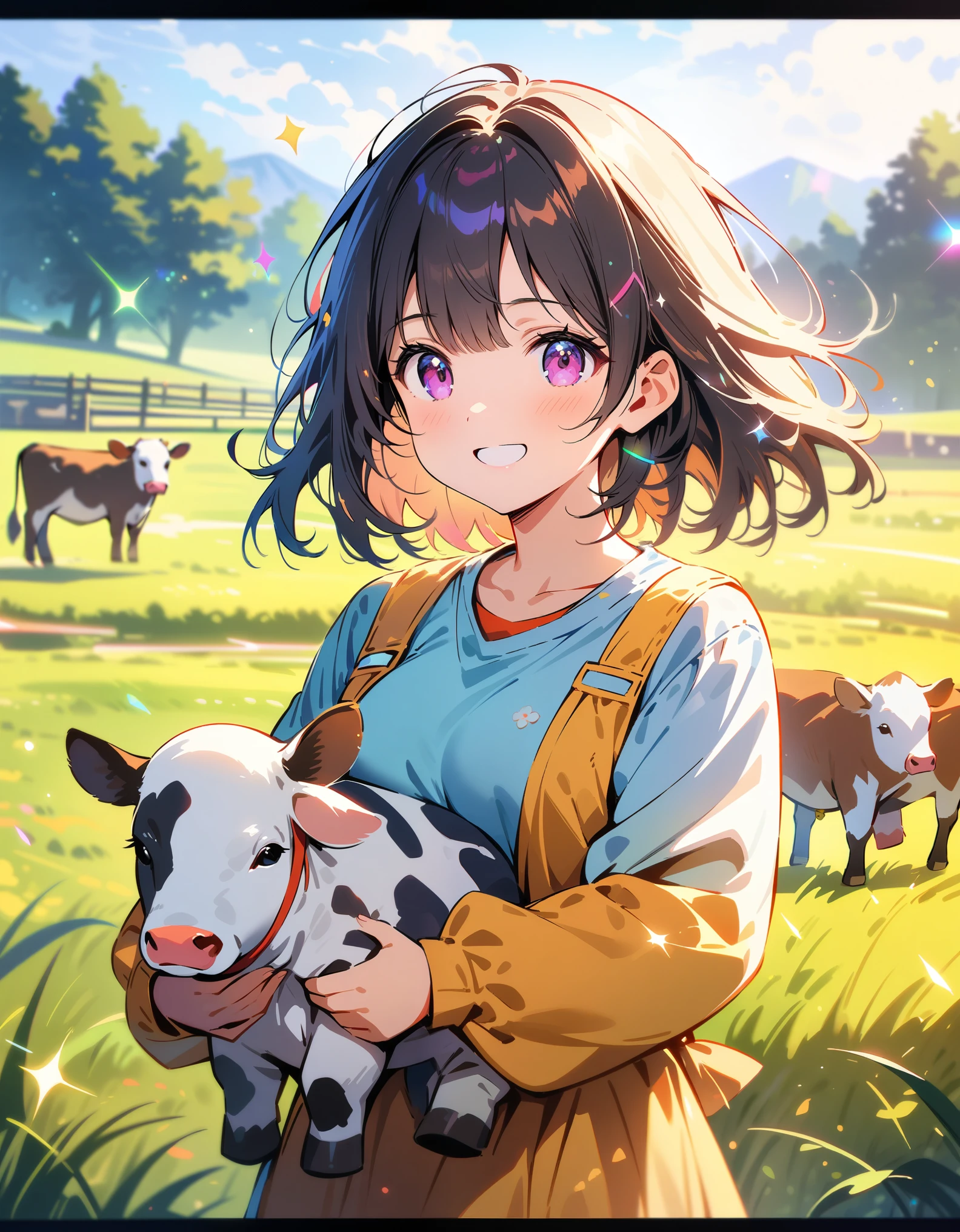 (best quality,4K,high details,high quality:1.2),UHD,(retina:1.1),cinematic lighting,colorful sparkle,depth of field,f/2.8,35mm,field,carrying Confucius,cheerful girl,active girl,caring for cows,rural scenery,cute,Illustrated style