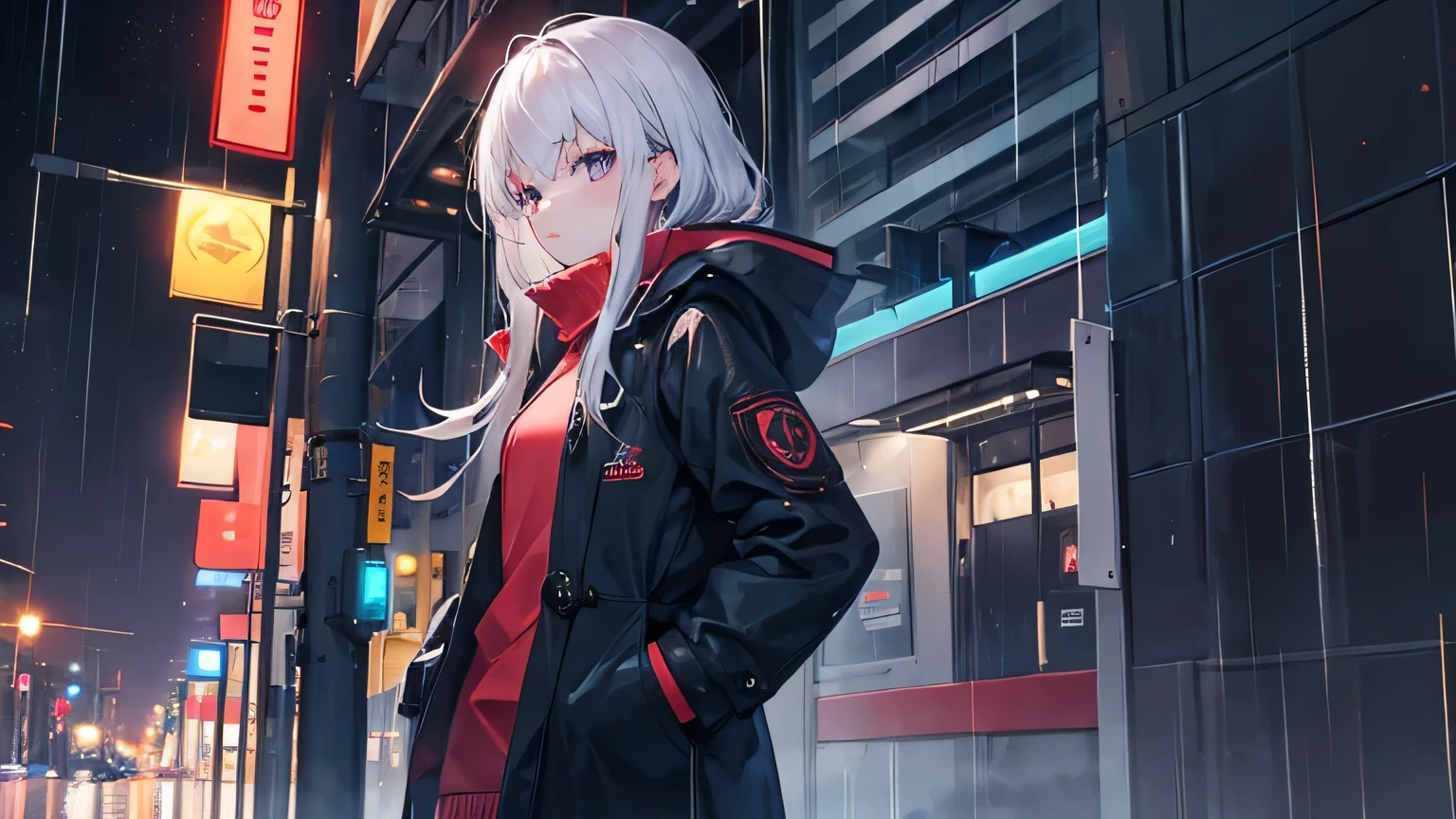 1 girl, night city, rain, coat, hands in pockets