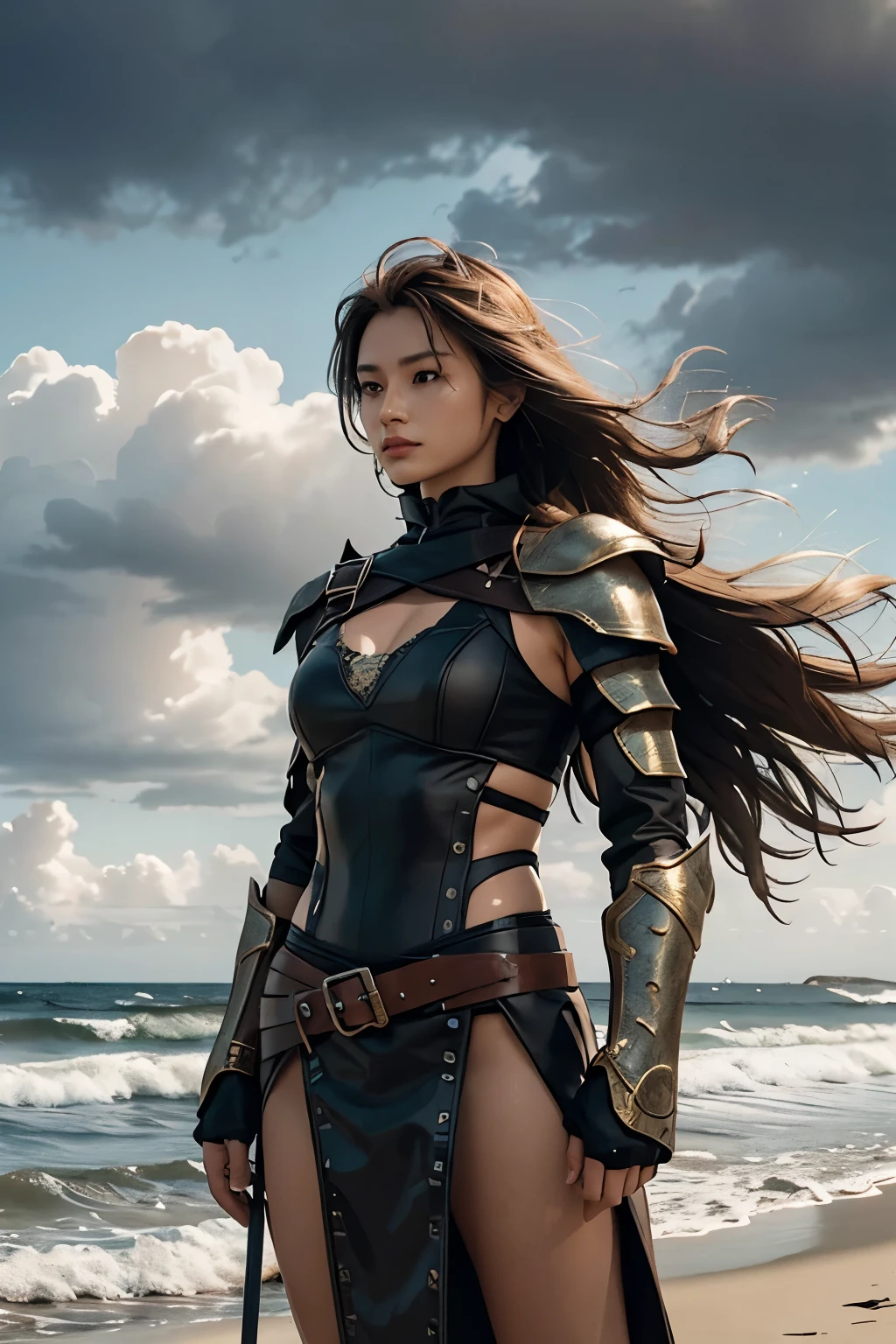 A fierce female warrior stands tall on a tranquil, remote beach, the vast expanse of stormy waves crashing against towering black clouds serving as a dramatic backdrop. Equipped with a wooden bow and a sharp arrow, she is poised and ready for action, her eyes focused intently on a distant target.
Clad in a practical yet stylish leather armor, the warrior sports a toned and muscular physique, her skin glowing under the soft, ethereal light of the setting sun. Her long, messy hair is windblown, adding to her wild and untamed image. The armor, adorned with intricate bronze patterns, shines magnificently against the dark and o