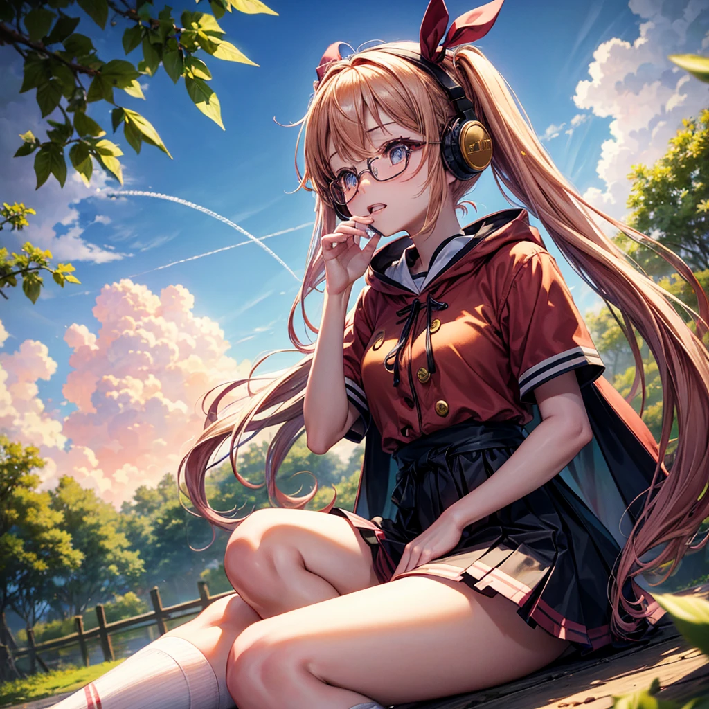 Pink Blue Gold Golden Hair、Golden Eyes、Two good looking girls、Twin tails、solo、anime、Checkered mini skirt、The skirt has buttons、Red T-shirt、China、Cape、Black knee-high socks、Wearing headphones、Wearing a ribbon、Ribbon on waist、Tilting face、Teeth are visible、Sunset sky、Water Mountain、Piercing the clouds、Contrail、Glasses、tree、Sitting、Touching your face、lotus leaves、canal、Cumulonimbus、bamboo forest、Facing each other