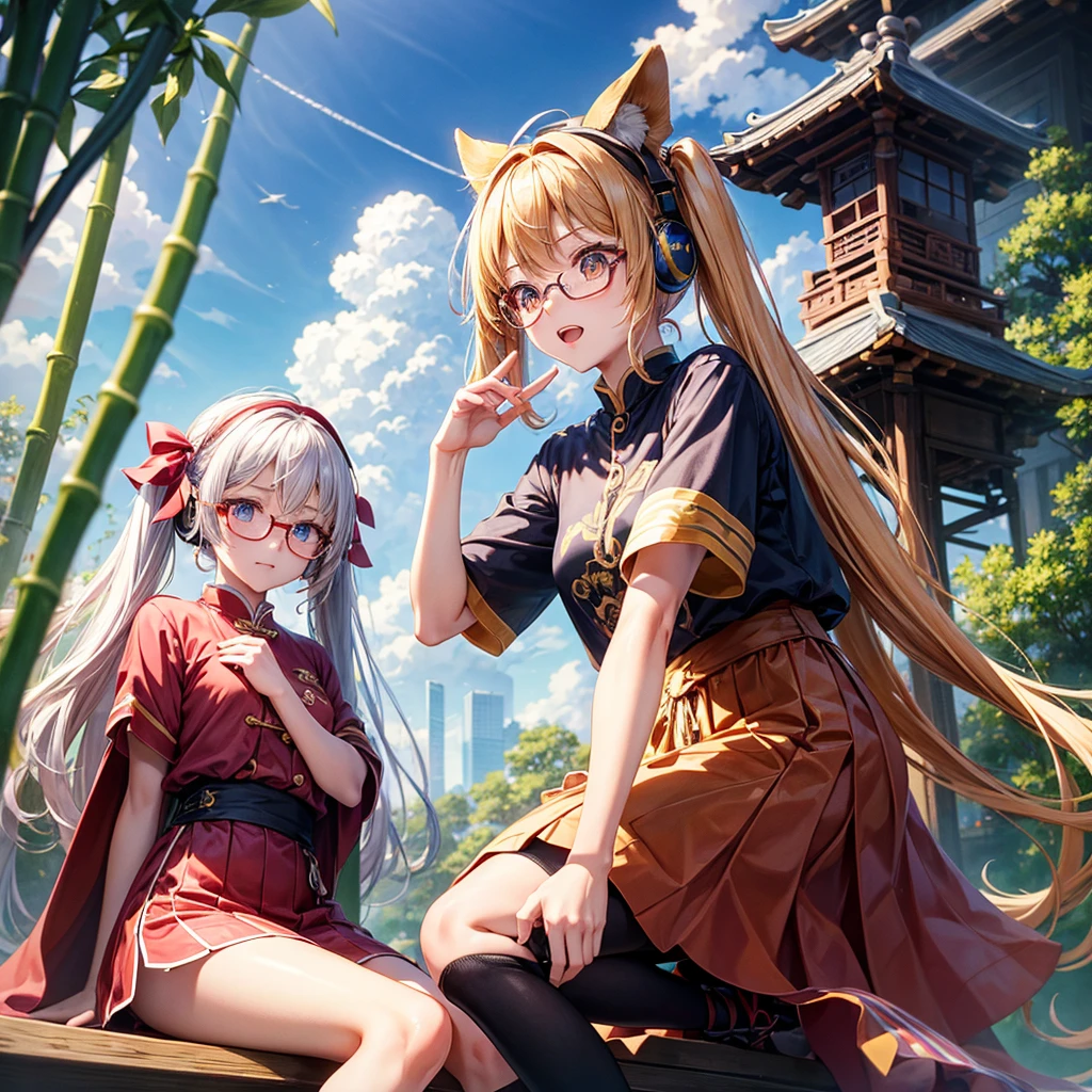 Pink Blue Gold Golden Hair、Golden Eyes、Two good looking girls、Twin tails、solo、anime、Checkered mini skirt、The skirt has buttons、Red T-shirt、China、Cape、Black knee-high socks、Wearing headphones、Wearing a ribbon、Ribbon on waist、Tilting face、Teeth are visible、Sunset sky、Water Mountain、Piercing the clouds、Contrail、Glasses、tree、Sitting、Touching your face、lotus leaves、canal、Cumulonimbus、bamboo forest、Facing each other