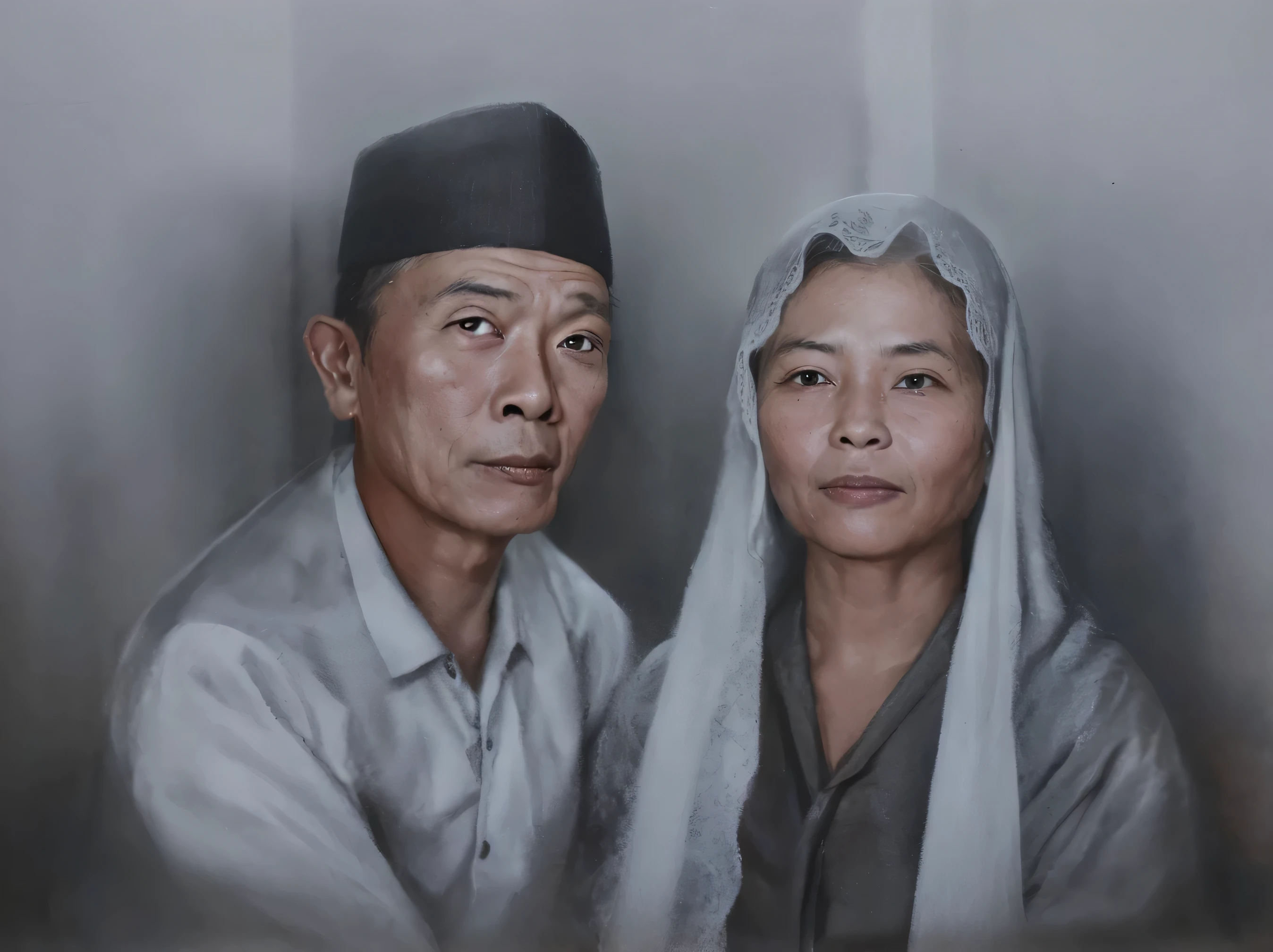 Make this photo look realistic, painting of a man and woman in traditional clothing, couple portrait, an indonesian family portrait, by I Ketut Soki, portrait of two people, traditional portrait, inspired by I Ketut Soki, potrait, couple, by Abidin Dino, couples portrait, added detail, a painting of two people, semi realism, close up potrait, close portrait