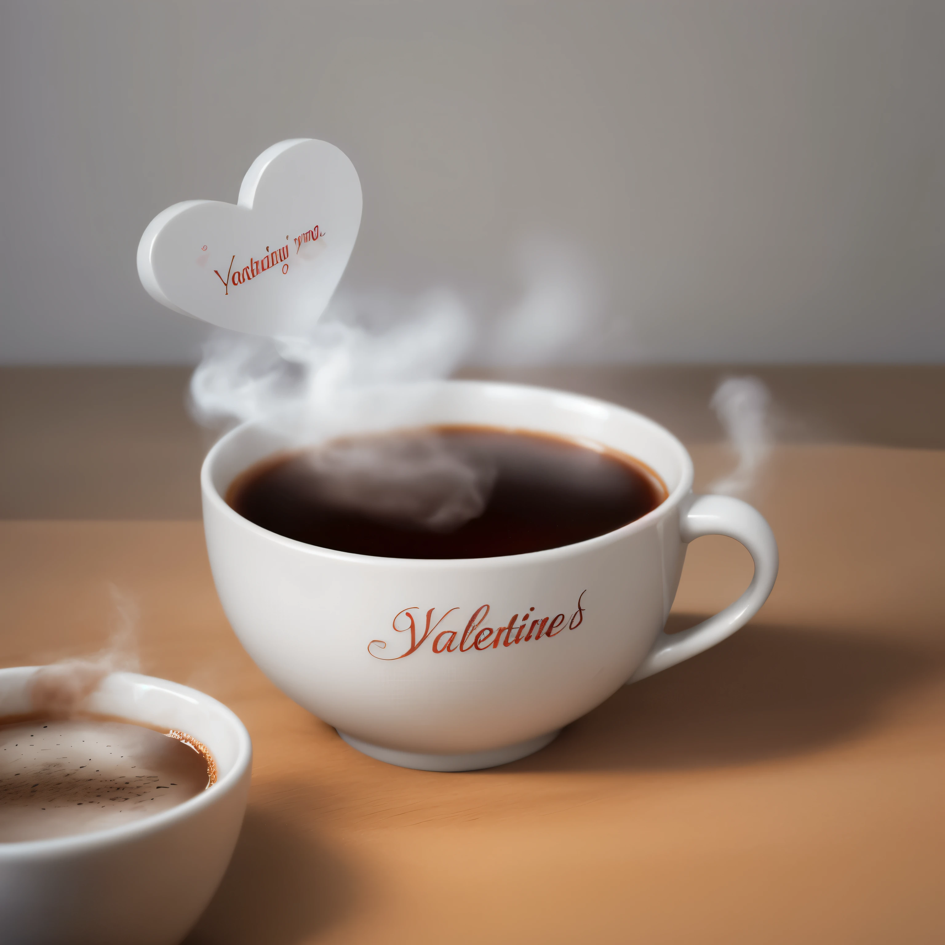 Valentine Lakeng A cup of hot coffee on the table with thin blur smoke rising to form the words" YOUR NAME" gray white background. photo realistic 3D With Dslr