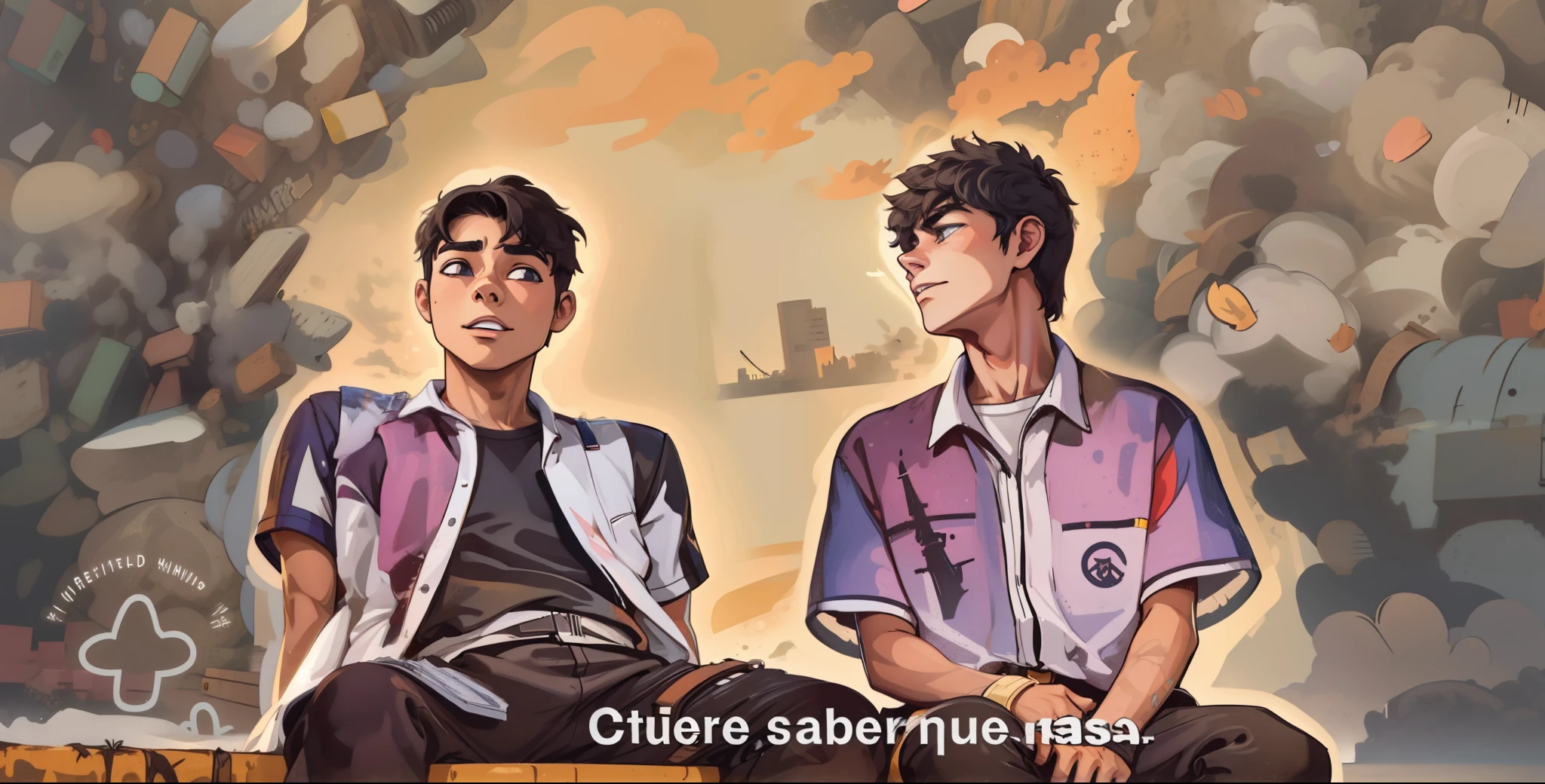 There are two young male students of s of age who are sitting on top of a building.