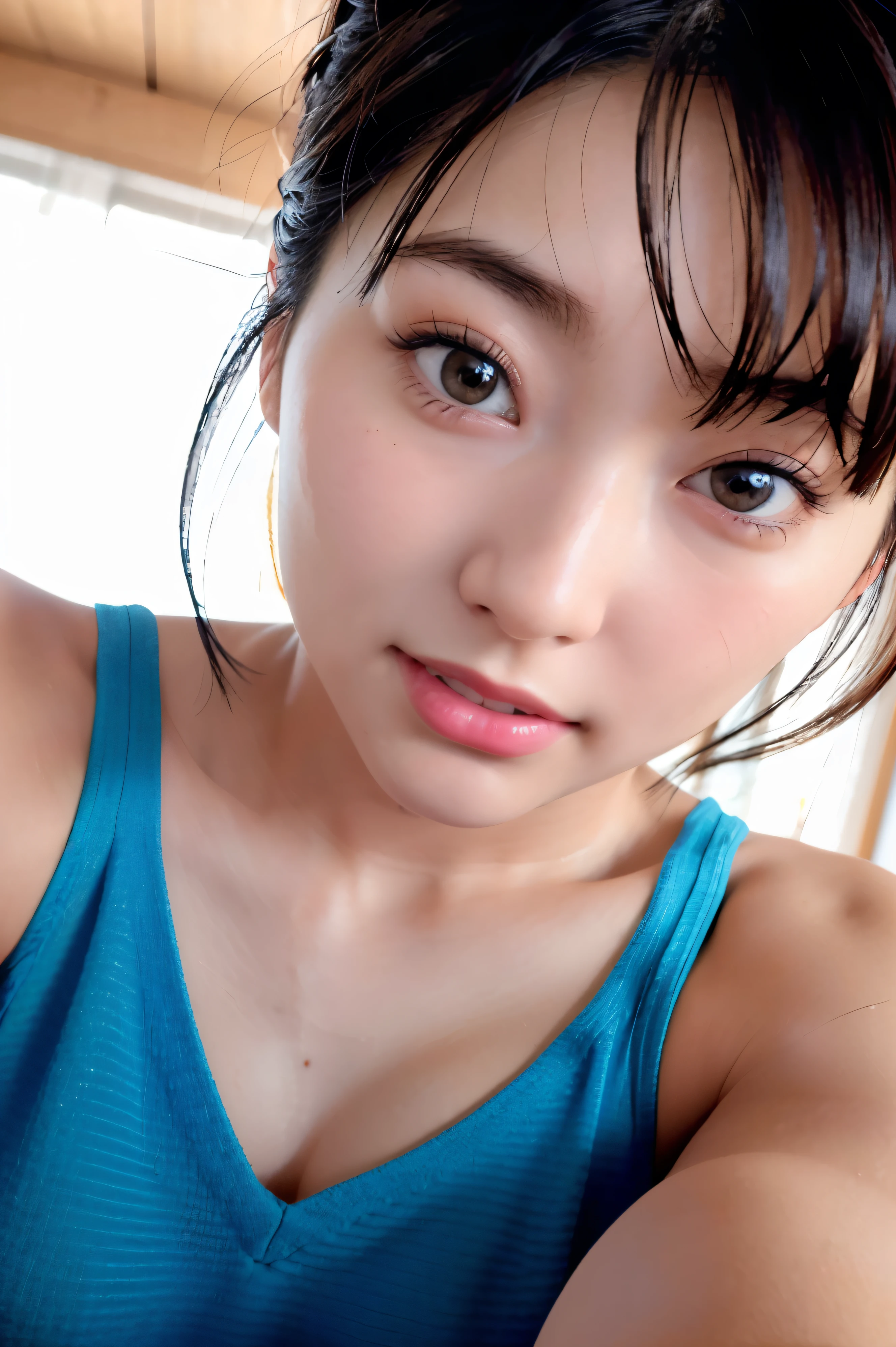 (8k)、(highest quality)、(Masseter muscle area:1.2)、(Realistic)、(Photorealistic:1.37)、Ultra-detailed、1 girl、cute、Smile、double eyelid、Short Hair、Watching Watching the viewers、Cleavage、Tank top