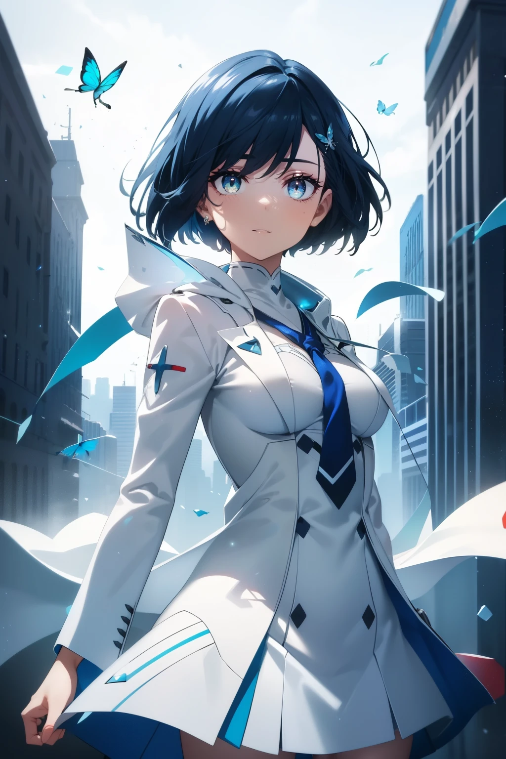 Best quality, beautiful face, detailed, perfect body, 
Girl, Green eyes, cute smile, short dark blue hair, cute Smile, white hair clip, small cute body, normal-sized cute breasts, white light jacket, blue butterfly tie, blue winter jacket, gray school skirt, city background , Ichigo from Darling in the Franxx 