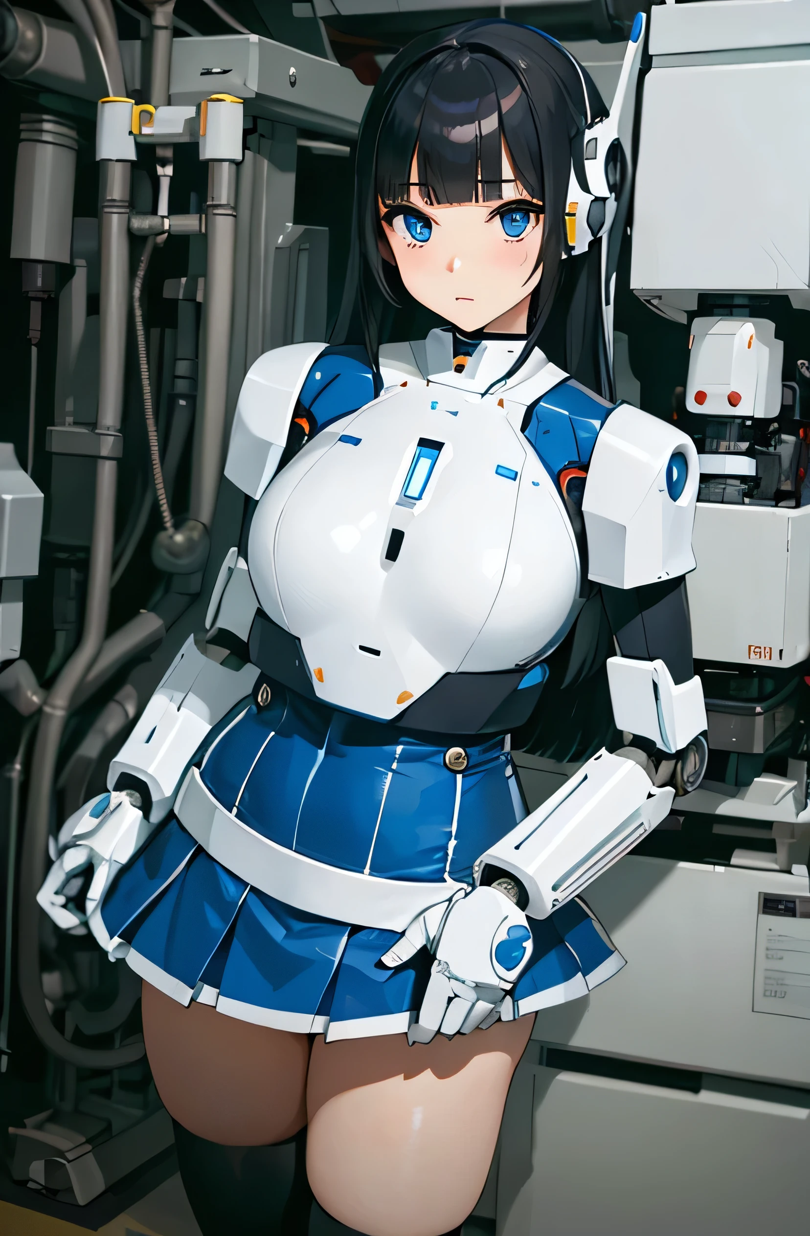 masterpiece, best quality, extremely detailed, Japanese android girl,Plump ,control panels,Mechanical Hand,Robot arms and legs, robot assembly plant,white robot body,blunt bangs,skirt,black knee high socks,blue eyes