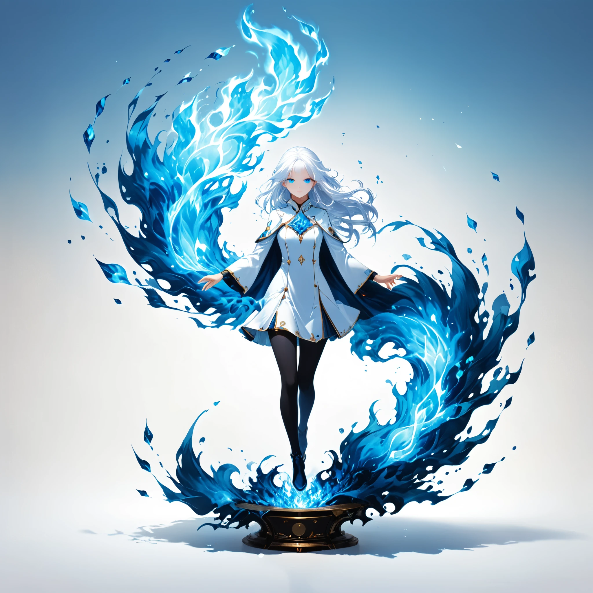 surrealist style,(depicting (((blue fire))) Elemental concept designed:1.2),(full_shot:1.2),space warp background,(clock_background:1.3),
BREAK
negative space composition,character design by liu ye,Nick Veasey,
BREAK
(long white hair:1.4),(white eyes:1.2),(white mechasuite:1.5),
BREAK
(pose:1.4),(the lines of movement of the wind:1.4),simple background,(elementalized body:1.1),