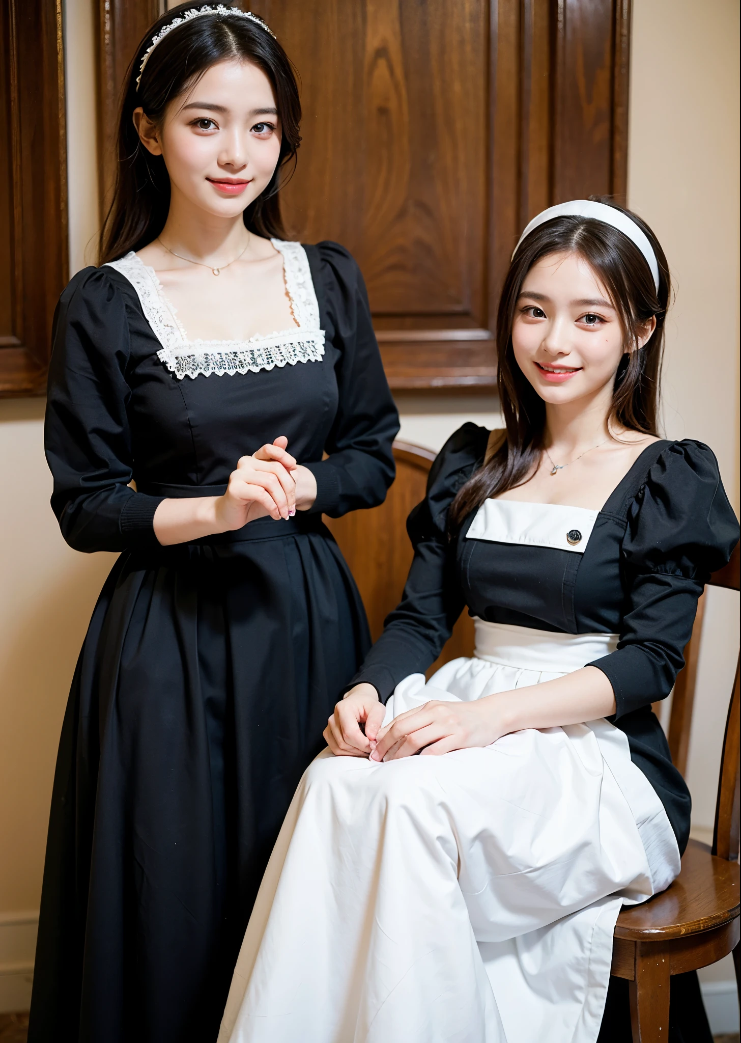 (masterpiece, highest quality, highest quality, Official Art, beautifully、aesthetic:1.2), Two little girls are helping the maid and the maid-woman comb their hair。The noble lady is smiling happily。, Maid&#39;s Cousin Maid does everything with love and dedication, The maid takes great pleasure in taking care of her male master.,