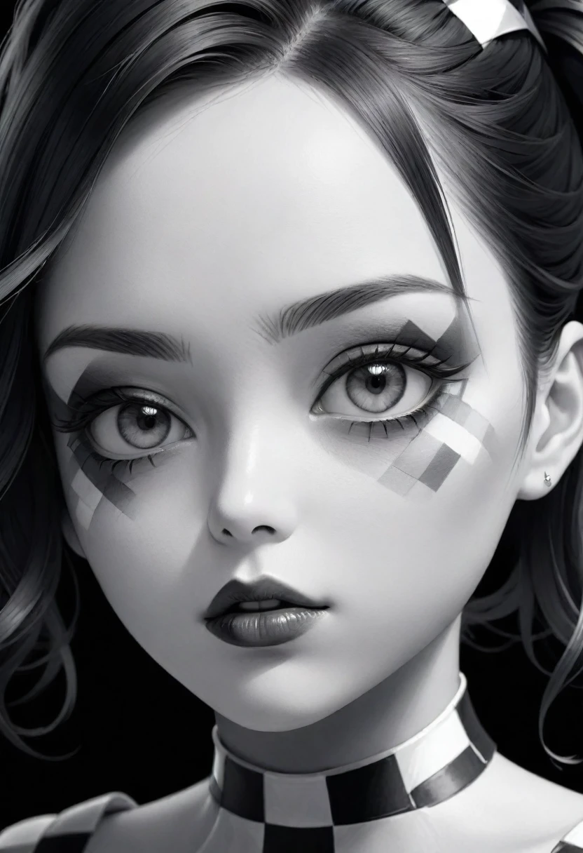 (extremely detailed CG unit 8k wallpaper, masterpiece, best quality, ultra-detailed), describe a 8k 16k portrait of the face painted like a black and white checkered board of a gorgeous woman ,
