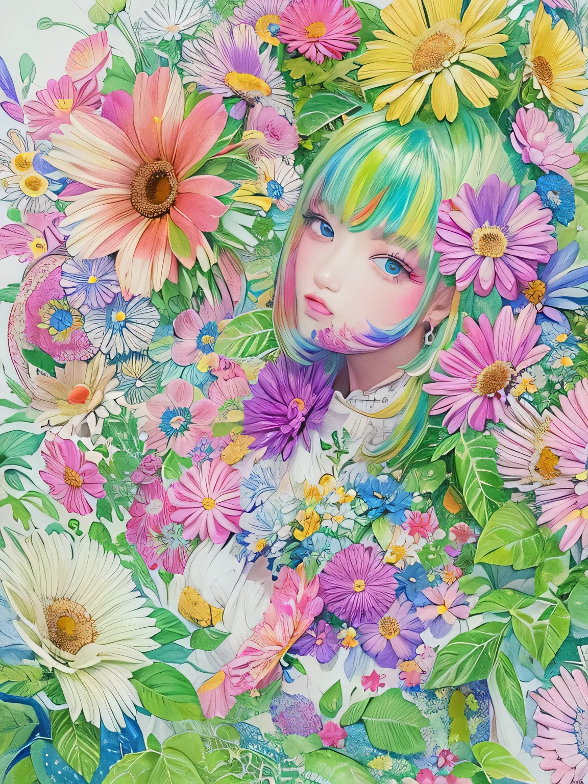 Komugiko 2000 Style、(((stylish fashion))), 8K Quality、Intense watercolor, Detailed watercolor art, Watercolor splash, Surreal, avant-garde pop art, Beautiful and expressive paintings, Beautiful artwork illustration, Very colorful tones, wonderful, Cool beauty, highest quality、Official Art, Vector art, Stylish design, (((The most beautiful girl))), (((highest quality))), HDR, ((detailed)), (((Doodle Art)), ((masterpiece)), ((Super detailed)), (((Colorful flowers))),(((Stylish))),