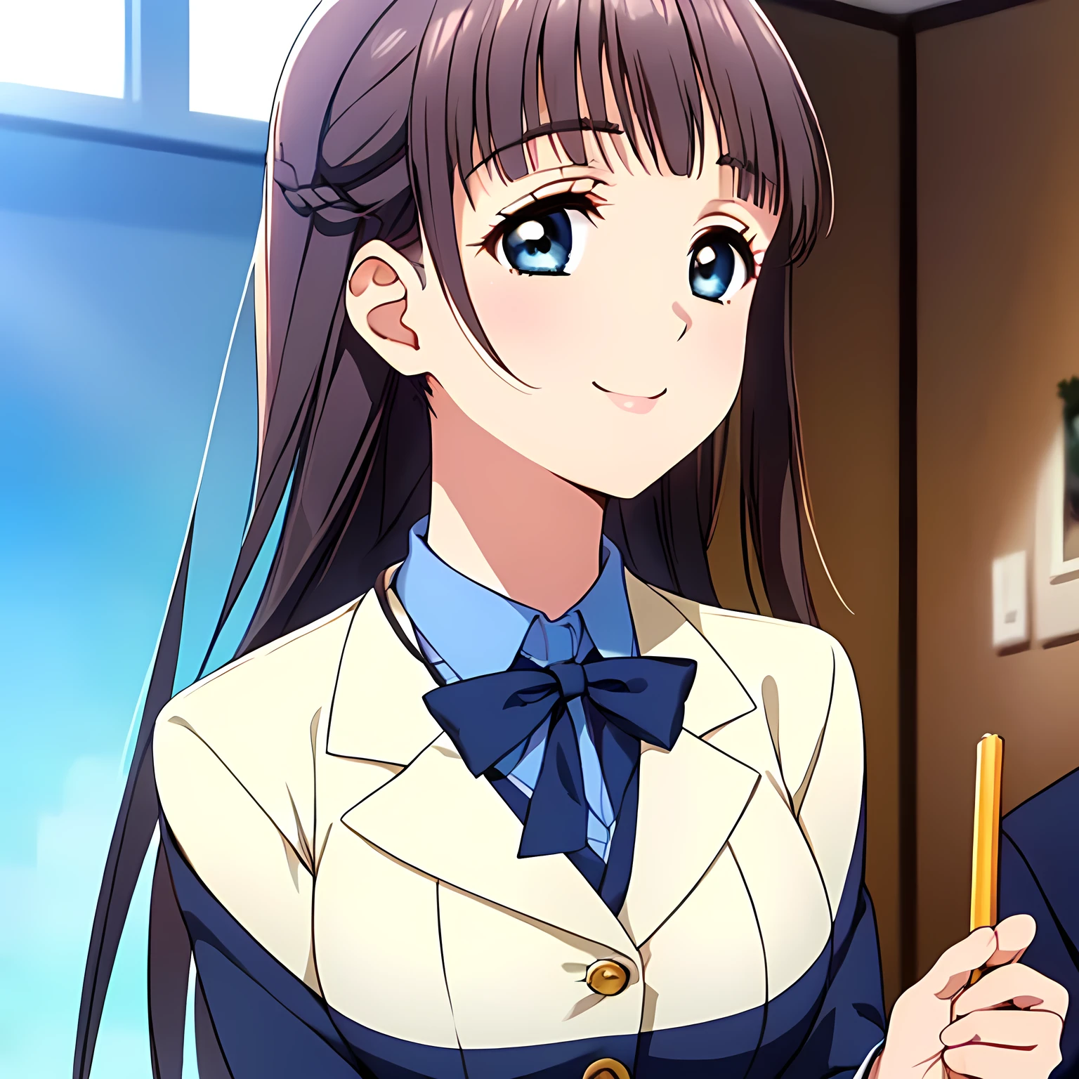 highest quality, (masterpiece:1.2), Very detailed, ((Game CG)), ((((Like a young lady painted by Renoir１Portrait of a beautiful girl)))), ((The girl everyone loves)), (((Very beautiful wavy flaxen hair))), ((((Navy blue blazer)))), (((Dark navy blue checked skirt))), ((((Very beautiful and shining eyes)))), ((Very long eyelashes)), A big white ribbon on the chest, ((An elegant expression like a noble princess)), (((Beautiful and great smile))), Small face and great posture, ((Give the viewer a heavenly feeling of happiness)), (((Blur the background))), ((A very compassionate face)), ((Slender and shapely breasts)), ((Looking into the distance)), ((Looking from the side))