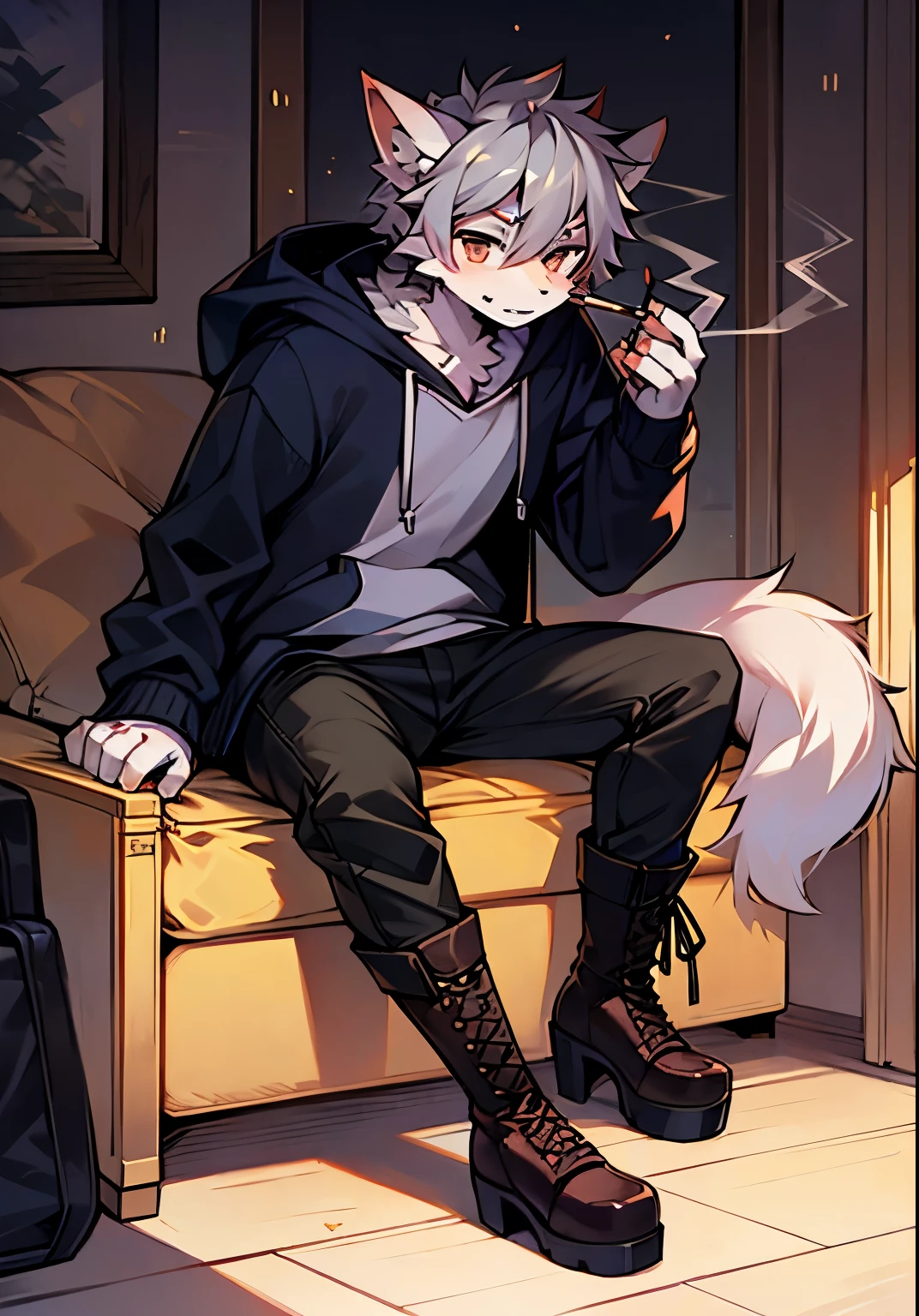 Gray Hair,solo,Sitting,whole body,Beastman,fox,Dragon,Shota,Dragon Feather,hoodie,pants,Lace-up long boots,Platform heels,Cigarette in left hand