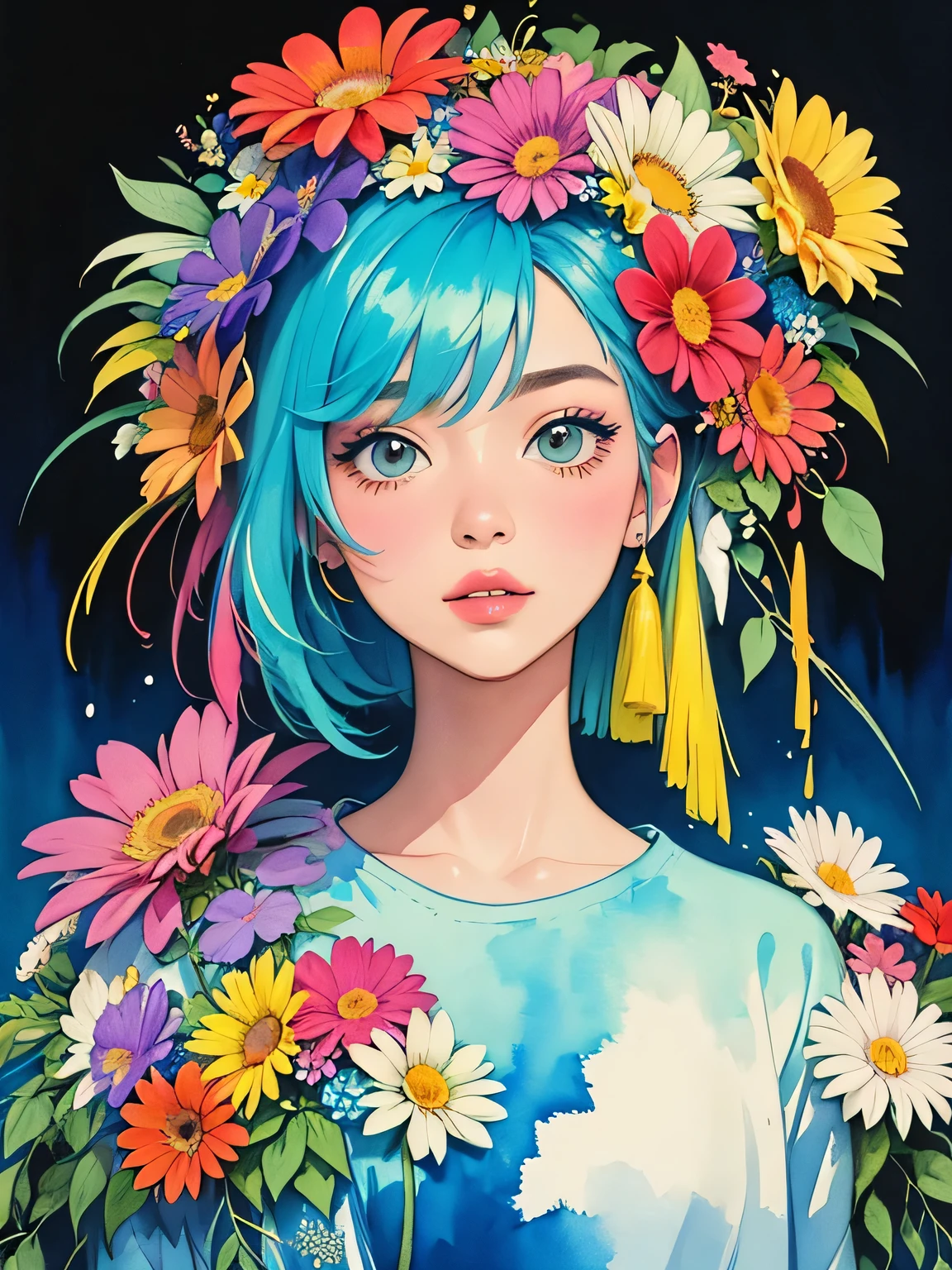 Komugiko 2000 Style、(((stylish fashion))), 8K Quality、Intense watercolor, Detailed watercolor art, Watercolor splash, Surreal, avant-garde pop art, Beautiful and expressive paintings, Beautiful artwork illustration, Very colorful tones, wonderful, Cool beauty, highest quality、Official Art, Vector art, Stylish design, (((The most beautiful girl))), (((highest quality))), HDR, ((detailed)), (((Doodle Art)), ((masterpiece)), ((Super detailed)), (((Colorful flowers))),(((Stylish))),