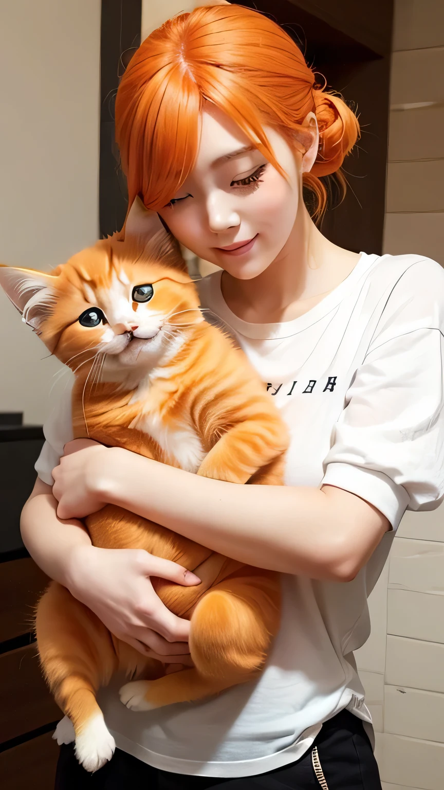 gentleness、soft、Happy hugging an orange kitten, Orange hair tied on both sides