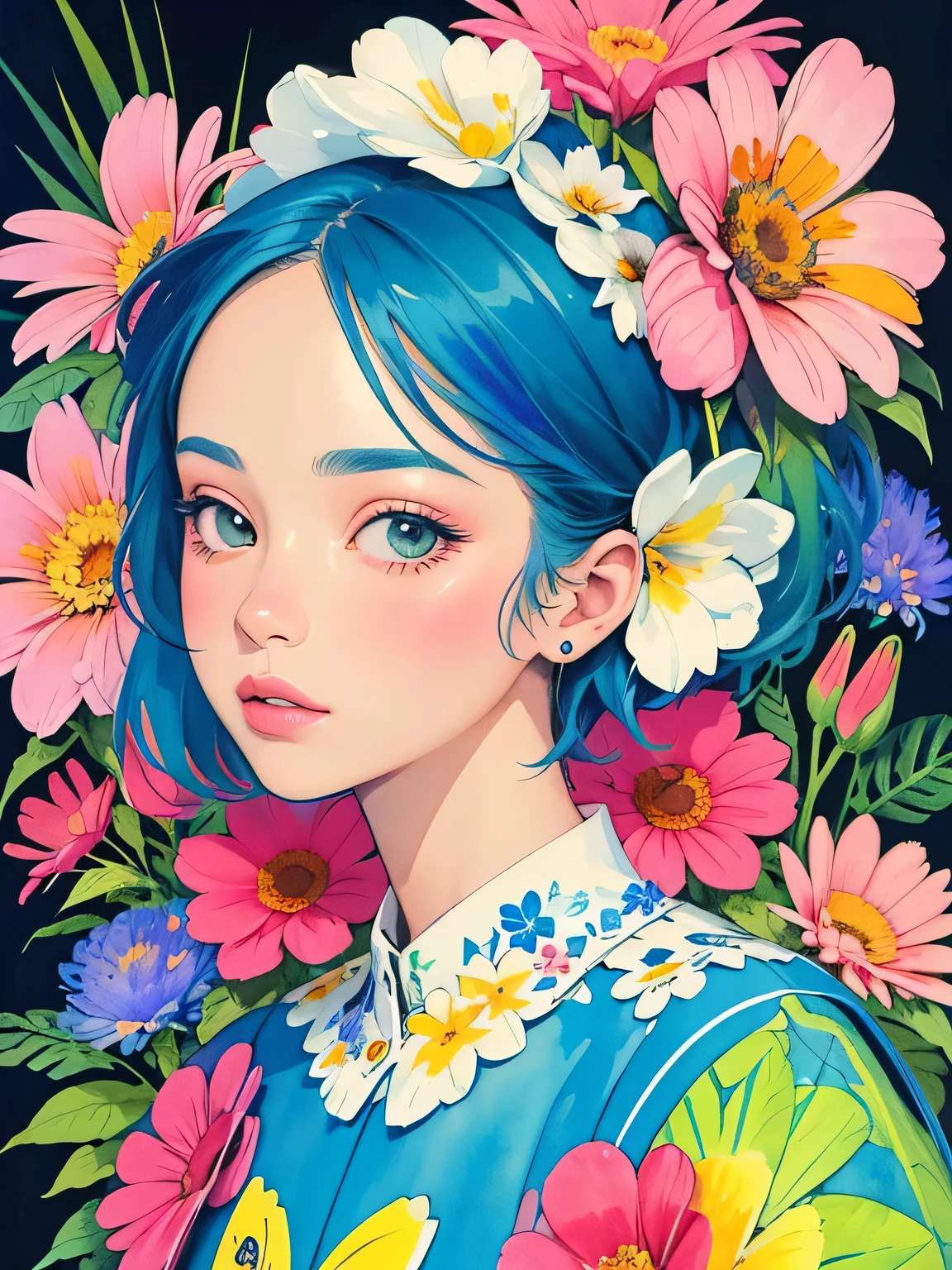 Komugiko 2000 Style、(((stylish fashion))), 8K Quality、Intense watercolor, Detailed watercolor art, Watercolor splash, Surreal, avant-garde pop art, Beautiful and expressive paintings, Beautiful artwork illustration, Very colorful tones, wonderful, Cool beauty, highest quality、Official Art, Vector art, Stylish design, (((The most beautiful girl))), (((highest quality))), HDR, ((detailed)), (((Doodle Art)), ((masterpiece)), ((Super detailed)), (((Colorful flowers))),(((Stylish))),