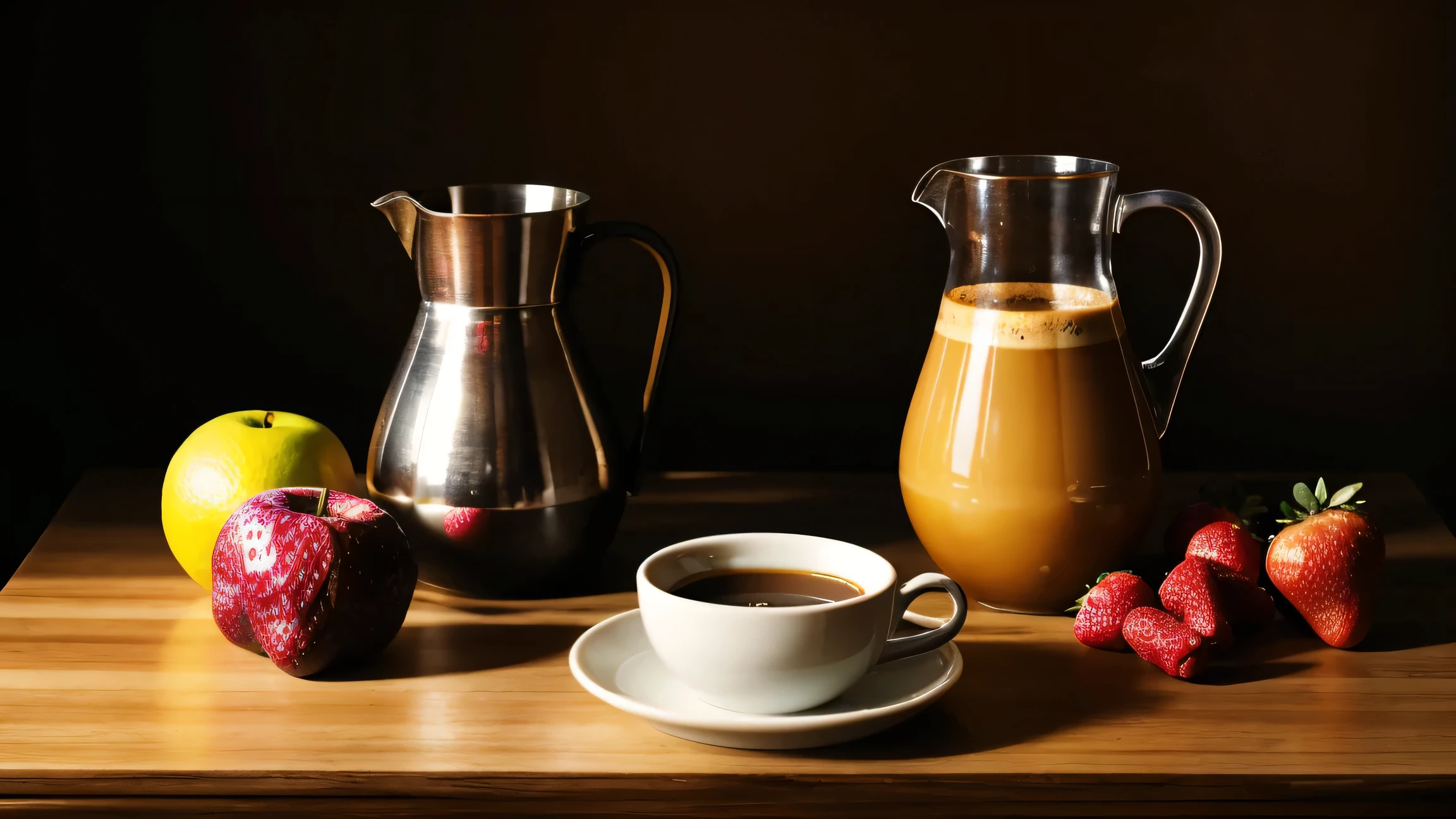 still-life, A jug, bowl, coffee cup, fruits on a table, vibrant colors, still_life, food_focus, food, fruit, cup, bowl, shadows, dark ambient