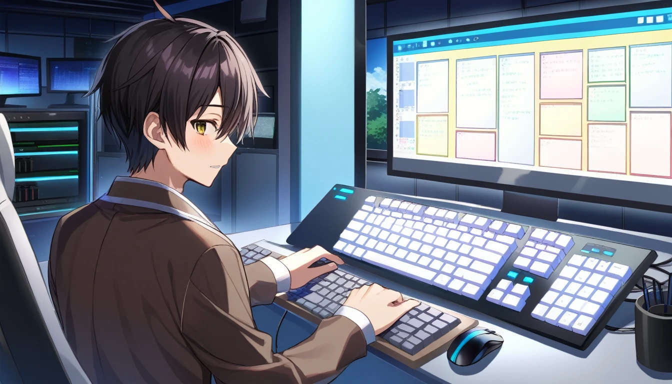Young male programmer、In front of the display and keyboard in the room、System development site、Please write in Japanese anime style.。