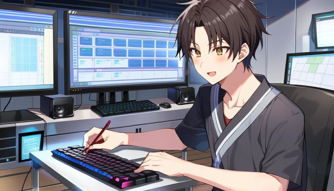 Young male programmer、In front of the display and keyboard in the room、System development site、Please write in Japanese anime style.。