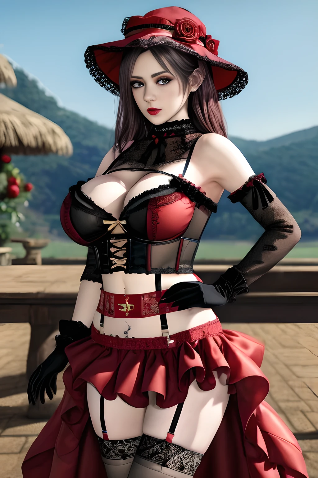1 girl,BREAK (Royal:1.4), (red and black theme:1.5), ((red) bucket hat with rose corsage:1.4), (fusion of black high neck crop top and latex (red bustier):1.4), ((floral lace, see-through):1.3), ((sleeveless, bare shoulders):1.3), (red tiered skirt with black ruffles:1.4), ((ultra long gloves) with floral lace:1.3), (wrap a (cat garter) around thighs:1.4), outdoor,elegant,nighttime,moonlighe,shiny skin,( huge breasts), lip gloss,tattoos, masterpiece, best quality, realistic ,Surrealism,natural colors art in 8k,soft shadows,High-definition RAW color photos professional portrait photos,solo,  elise,