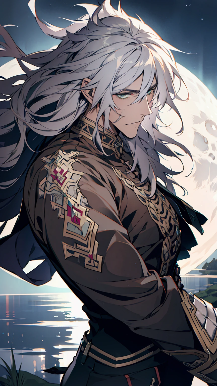 Siegfried,Fate,***ung man, male photo,solo,(portrait),gray long hair,green eyes,beautiful flowers,moonlight,high quality, Best quality, 8K, ultra detailed,masterpiece